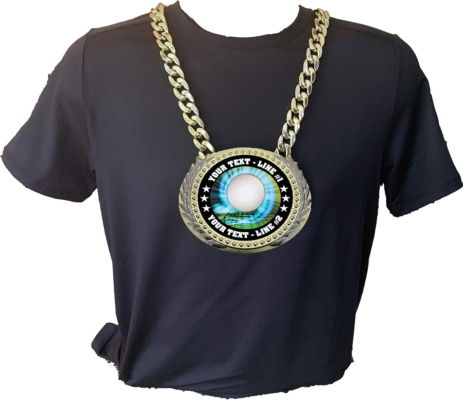 Express Medals Metal Version Golf Ball Champ Chain Trophy with 2 Lines of Personalized Custom Text on a Large Award Medal and Attached 34 inch Long Metal Neck Chain. MY425