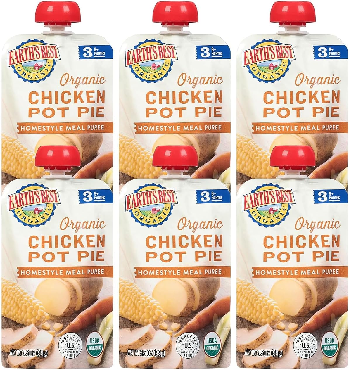 Earth's Best Organic Baby Food Pouches, Stage 3 Homestyle Meal Puree for Babies 9 Months and Older, Organic Chicken Pot Pie Puree, 3.5 oz Resealable Pouch (Pack of 6)