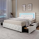 BarnFurin Queen Bed Frame with LED Lights, Upholstered Bed Frame with Storage Drawers, Princess Platform Bed with Diamond Headboard and Footboard, No Box Spring Needed, White