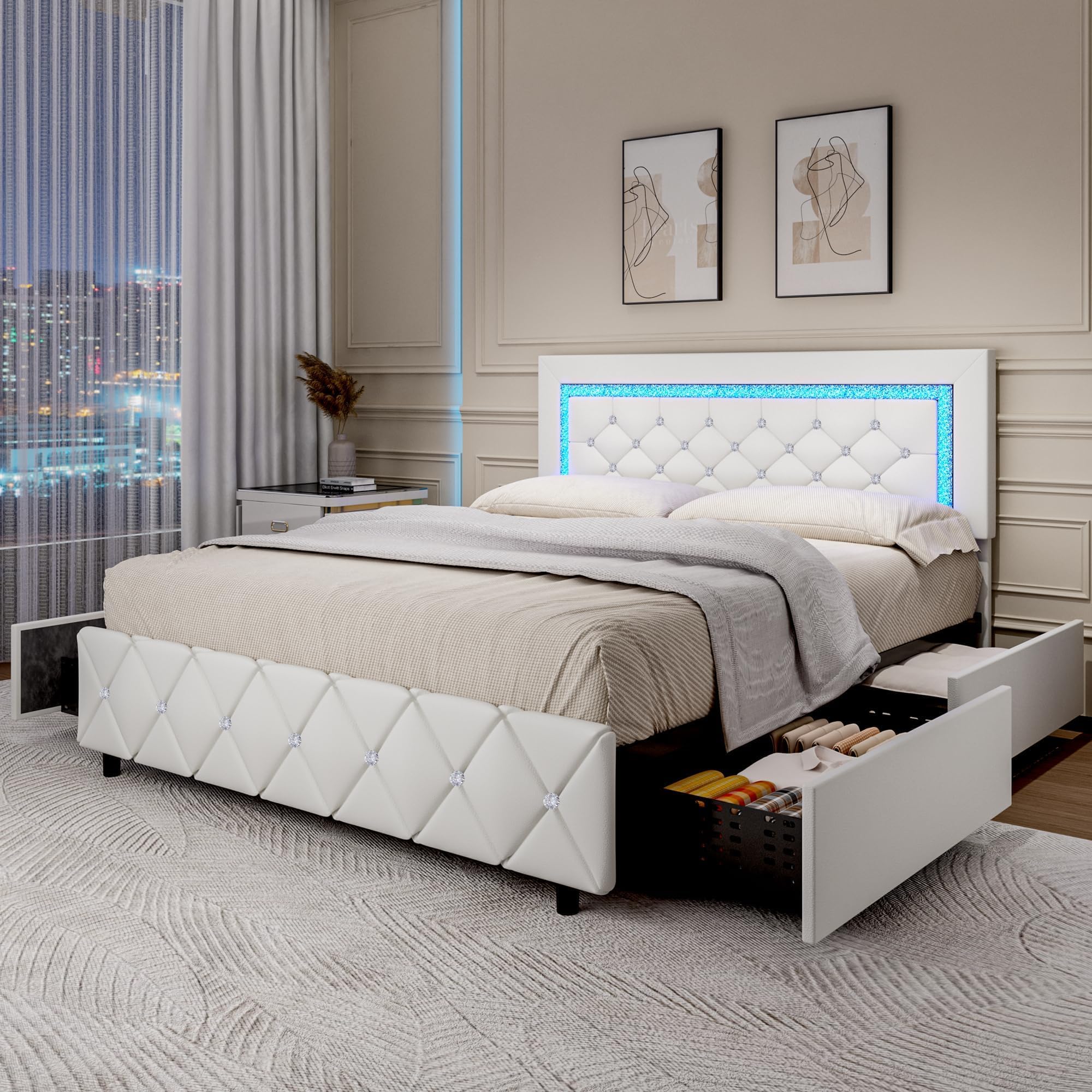 BarnFurin Queen Bed Frame with LED Lights