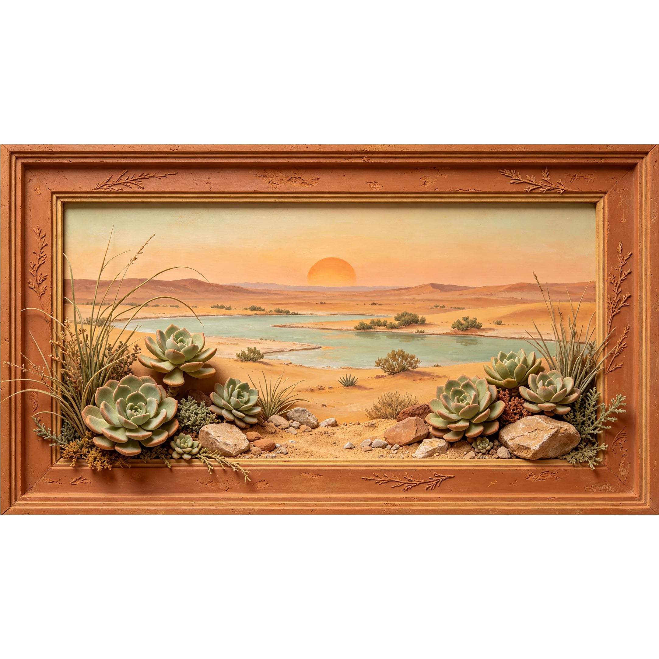 QZLITHOTIC 50×100cm 3D Framed Wall Art， Desert Sunset Landscape with Succulent Plants Self?Adhesive Mural， Water?Activated Peel & Stick Fabric Decor Wall Decal for Bedroom Living Room