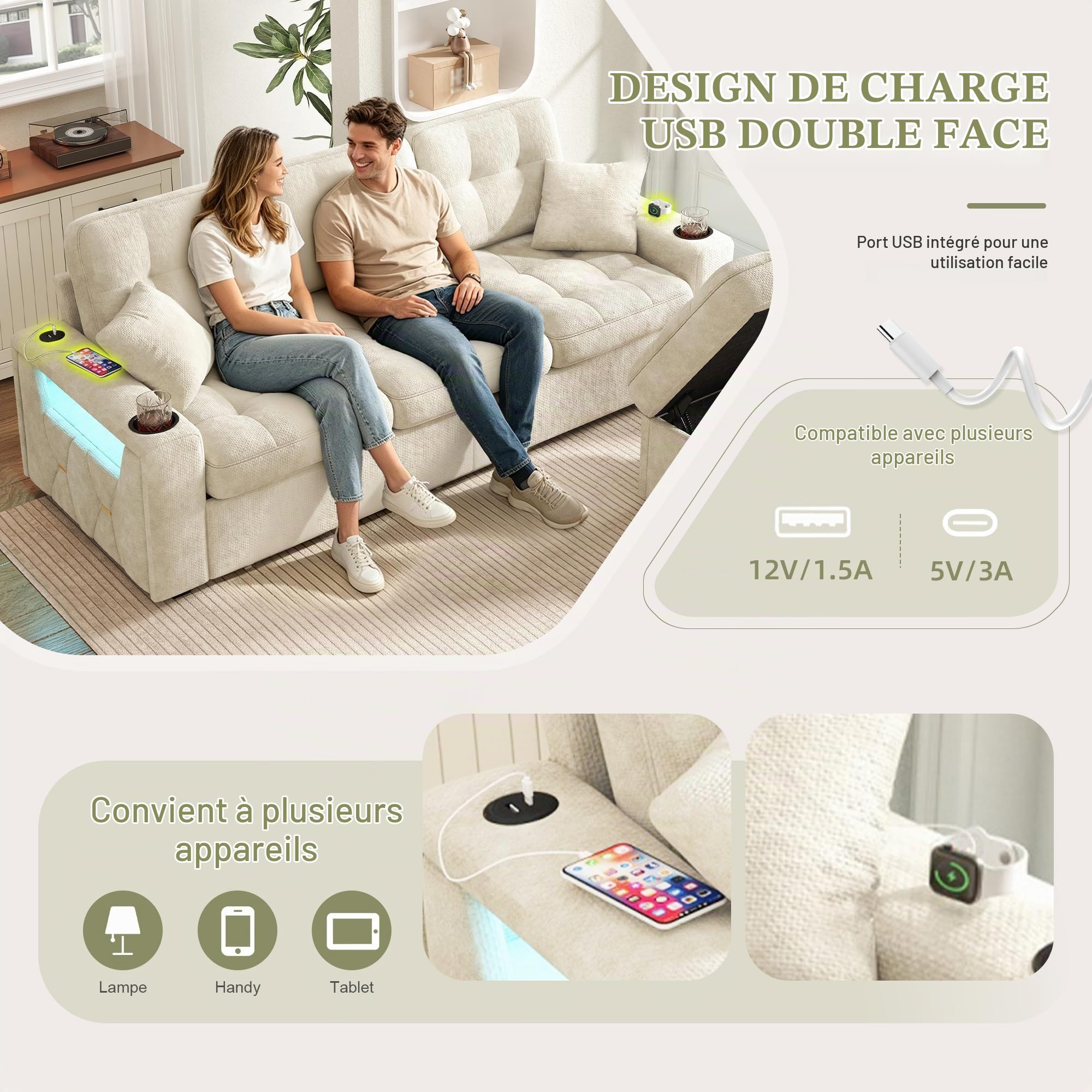 Canapé Convertible 3 Places en L avec LED et USB C et Porte-Gobelet, Canapé d'angle en Chenille avec 2 Tiroirs et Pouf Rangement, Canapé Modulable avec Compartiments latéraux au Salon Appt, Beige