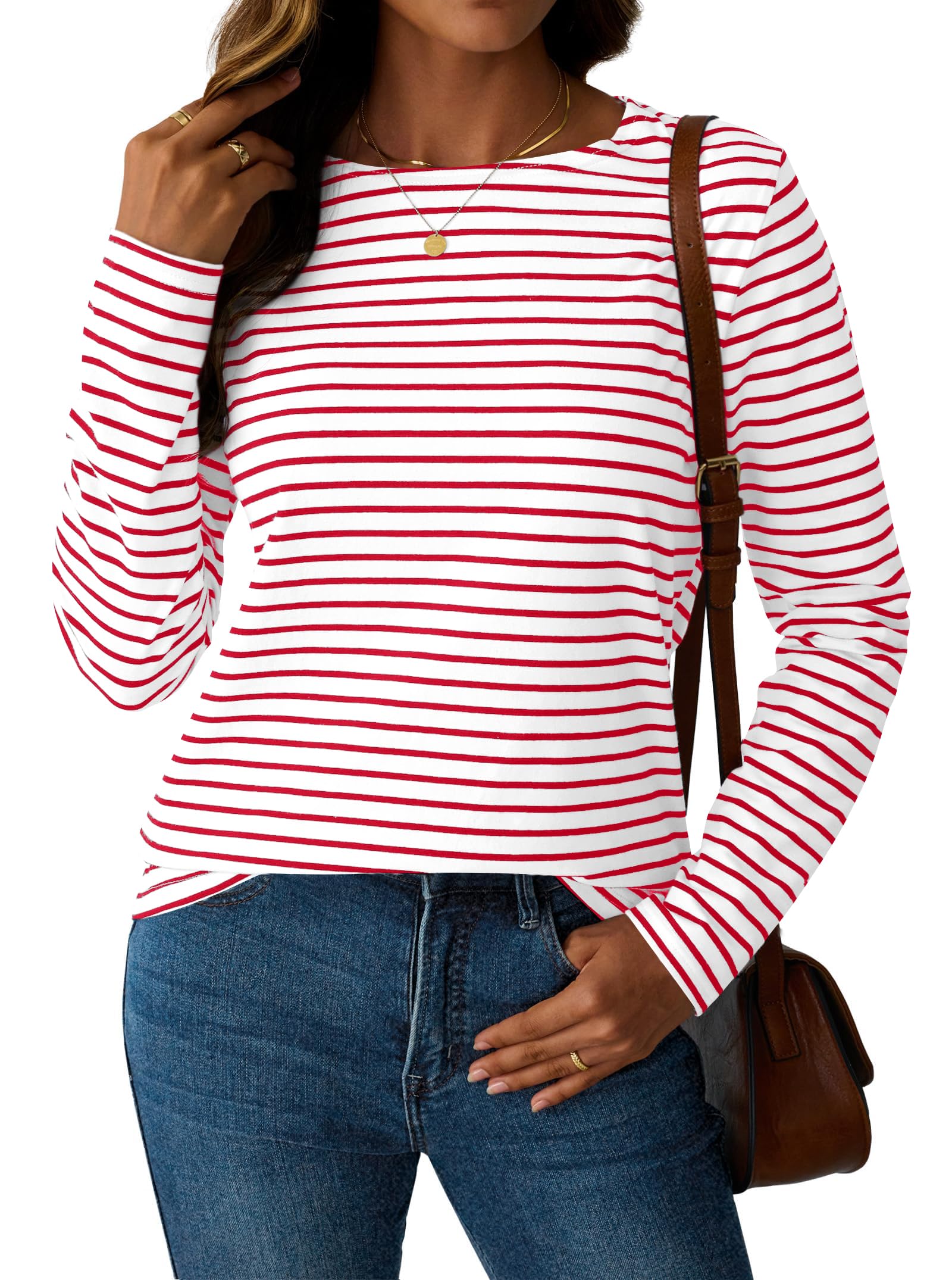 LilyCoco Womens Striped Long Sleeve Shirt Boat Neck Tops