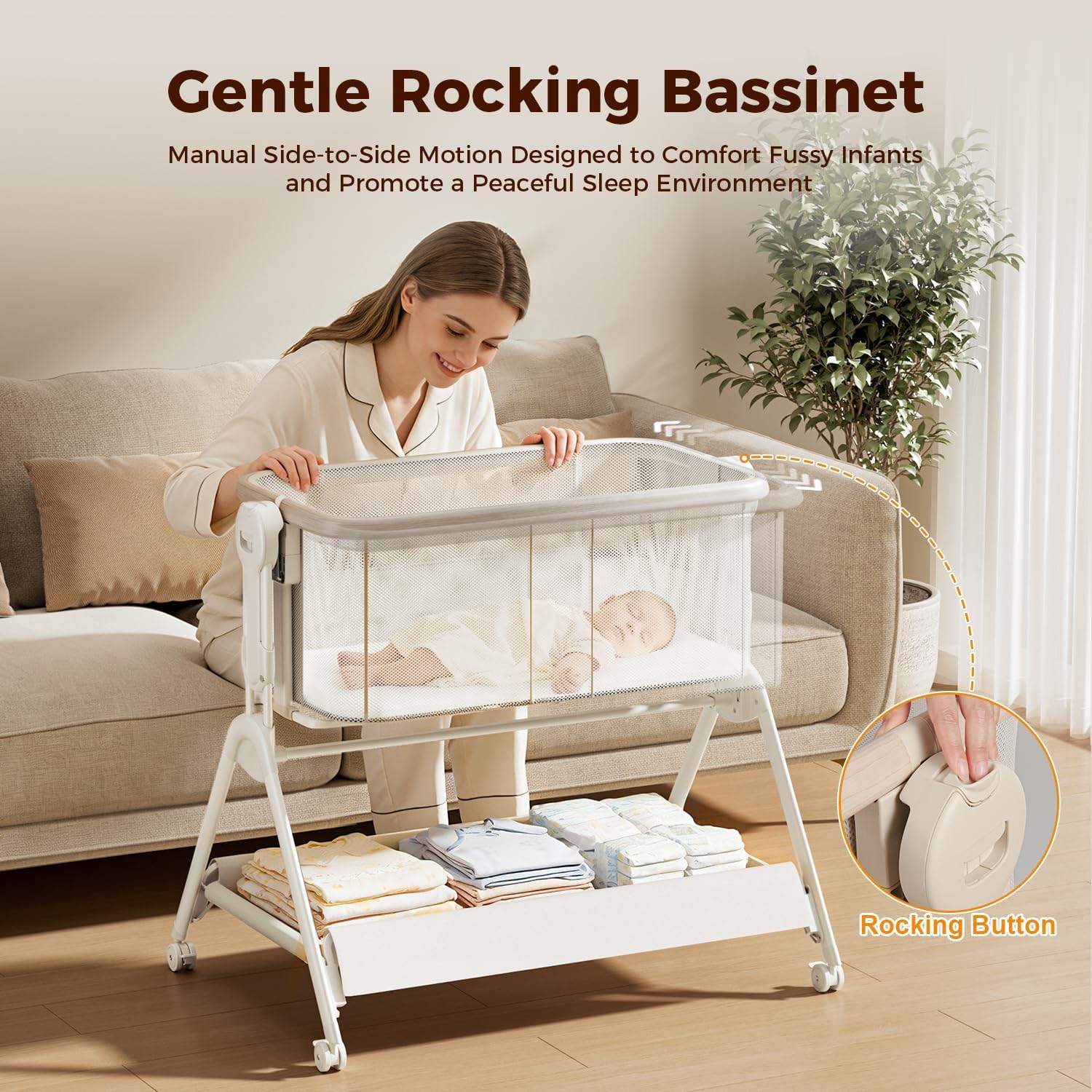 3 in 1 Baby Bassinet Bedside Sleeper, Rocking Bassinet with Lockable Wheels,Breathable Mesh, 6 Height Adjustments, Soft Mattress & Storage Basket, Portable Bassinet for Newborns, Beige