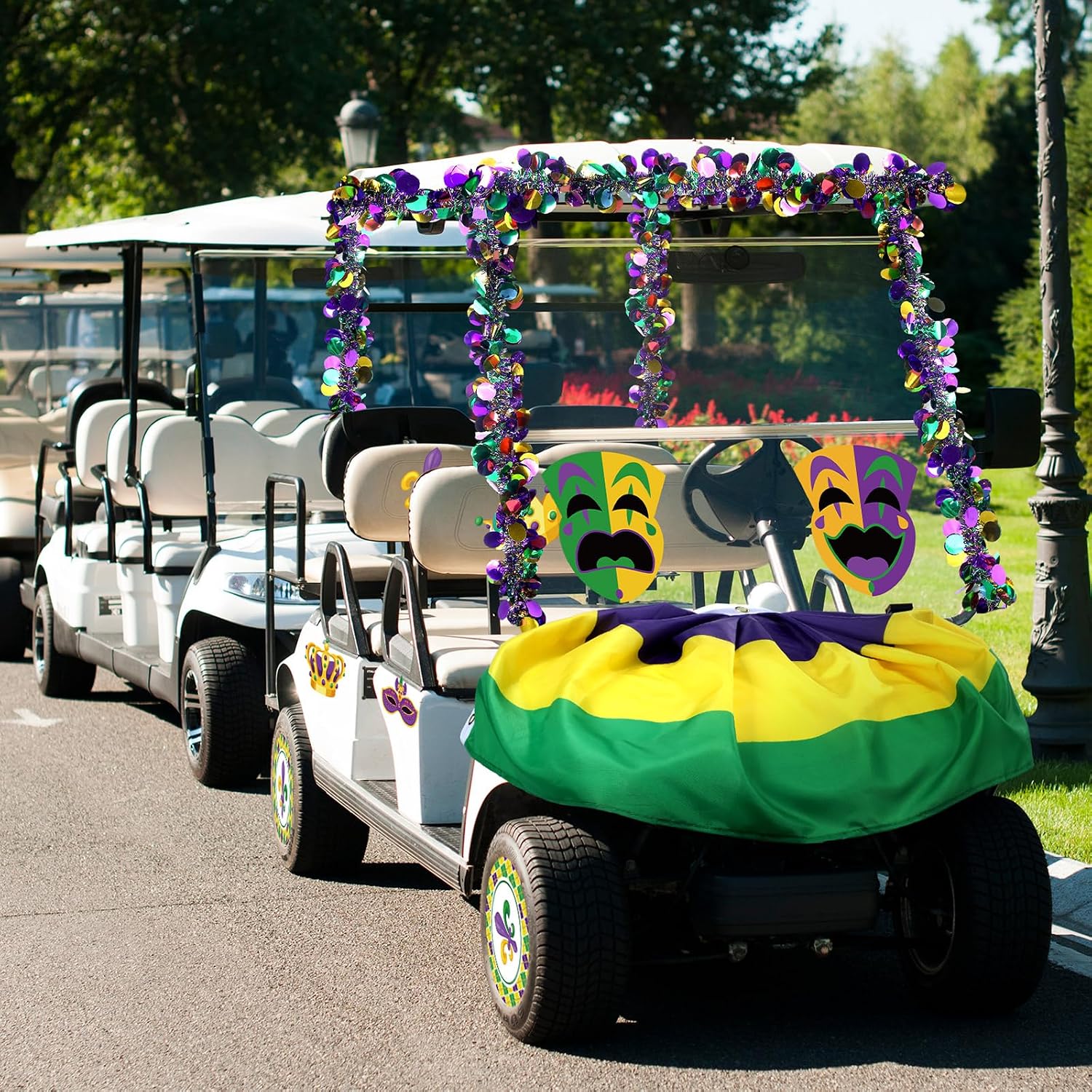 DoubleFill Mardi Gras Golf Cart Decoration Burlap Bunting Flag Purple Green Gold Tinsel Garland Golf Cart Stickers for Mardi Gras Parade Carnival Party Supplies image 3