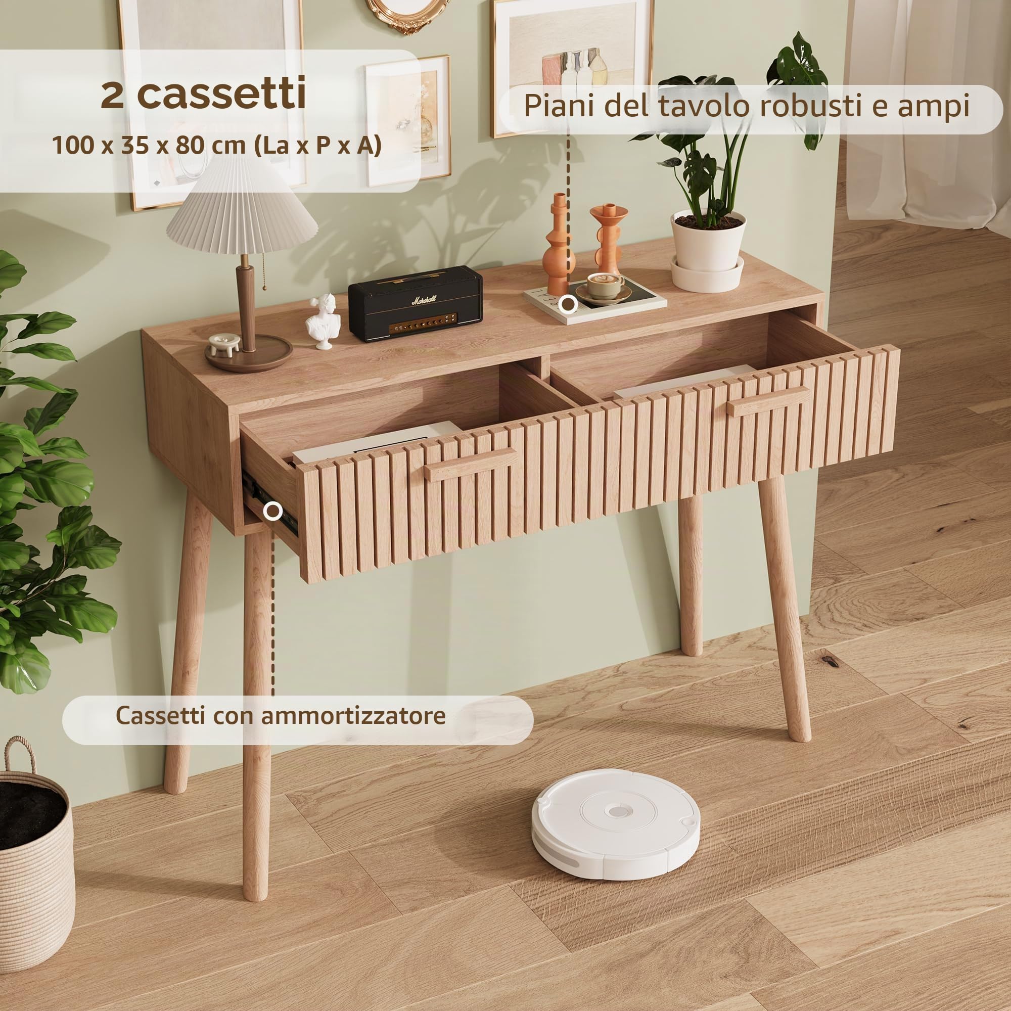 Tavolo Consolle Con 2 Cassetti, Tavolino Stretto per Ingresso, Mobile Accento in Legno per Corridoio, Soggiorno, Camera Da Letto, Naturale