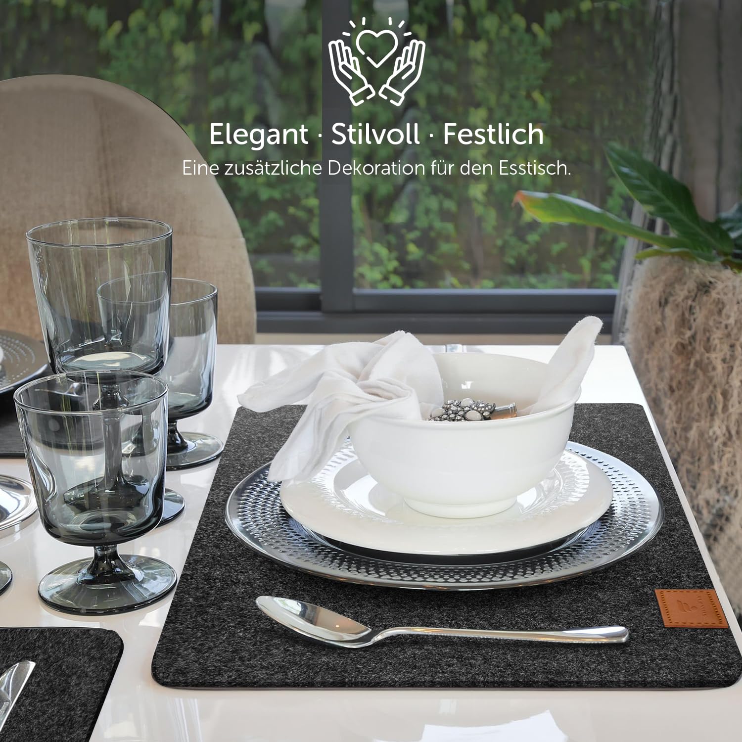 shinfly Tischsets Abwaschbar Platzsets aus Filz 18er Set, Abwischbar Tischsets, Hitzebeständig rutschfest Platzdeckchen mit Untersetzer, BestecksäCken für Küche, Speisetisch, 44x31cm【Anthrazit】