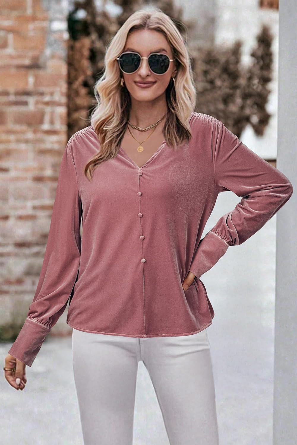 Newshows Women's Velvet Tops Dressy Casual Long Sleeve Smocked Work Blouses Trendy Blusas Elegantes Button Down Shirts - Image 4