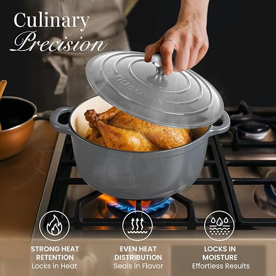 Cast Iron Dutch Oven with Lid - Non-Stick Ovenproof Enamelled Casserole Pot - Sturdy Dutch Oven Cookware - Grey, 3.1- Quart, 22cm- by Nuovva