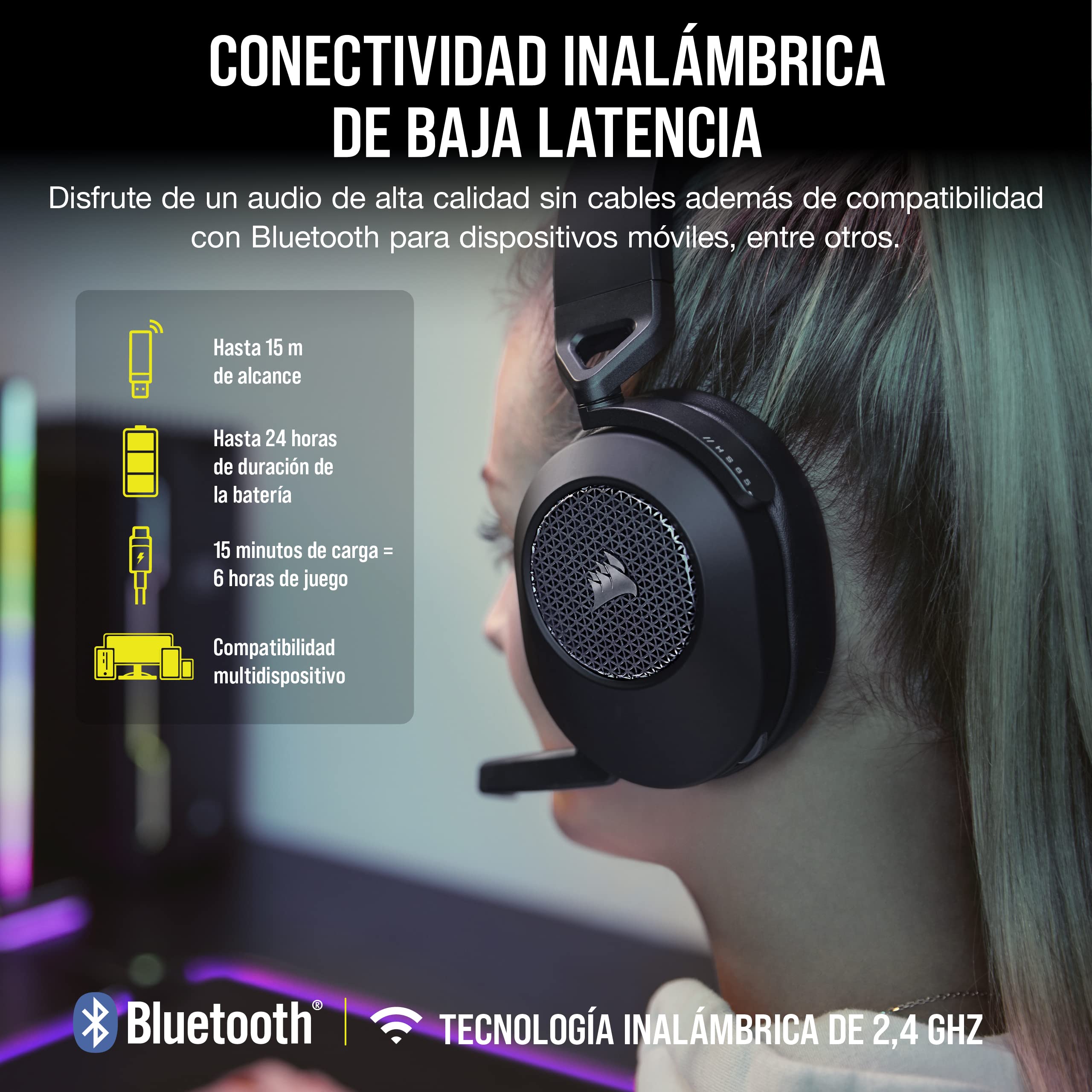 Corsair HS65 Wireless Auriculares para Juegos Multiplataforma con Bluetooth - Dolby 7.1 Sonido Envolvente - Micrófono Omnidireccional - iCUE - PC, Mac, PS5, PS4, Nintendo Switch, Móvil - Carbono