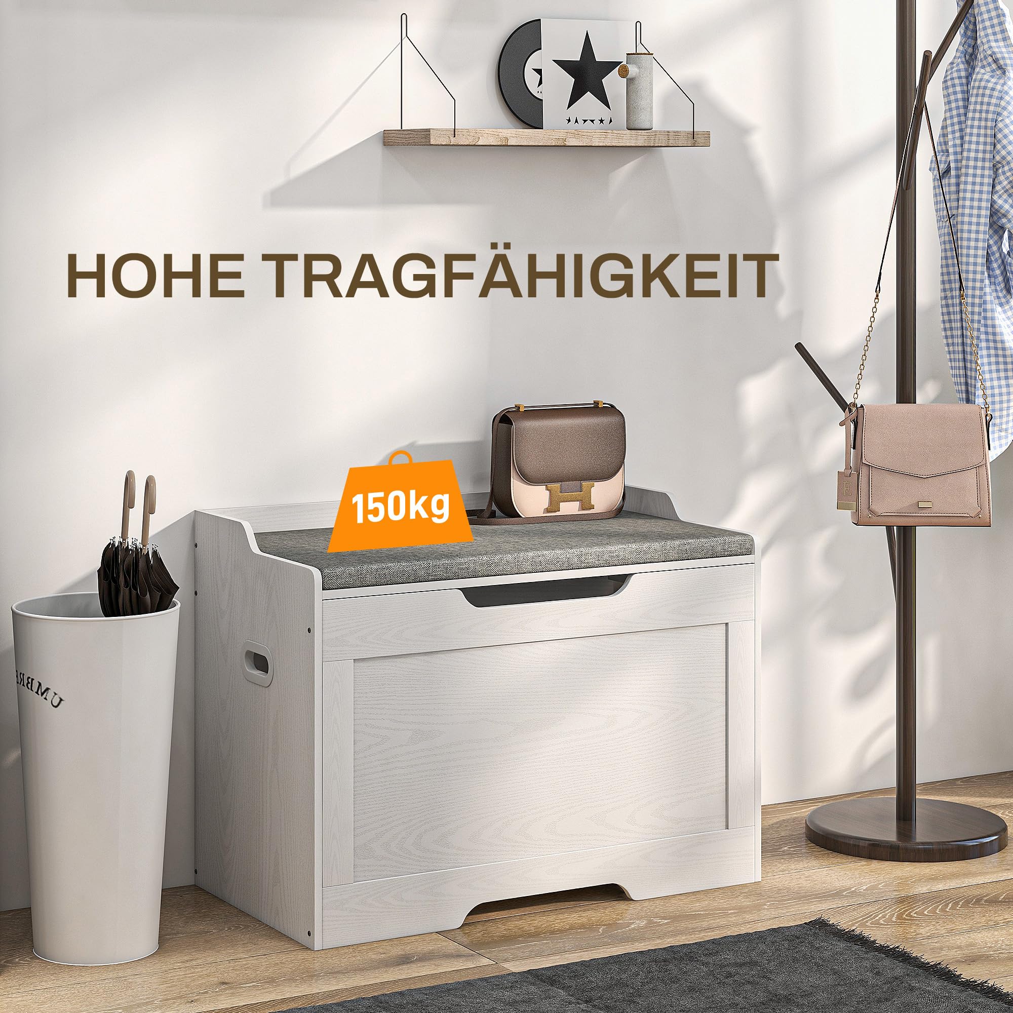 HOMCOM Baúl de 103 litros con tapa, asiento, baúl con espacio de almacenamiento, cojín de asiento extraíble, para salón, dormitorio, blanco