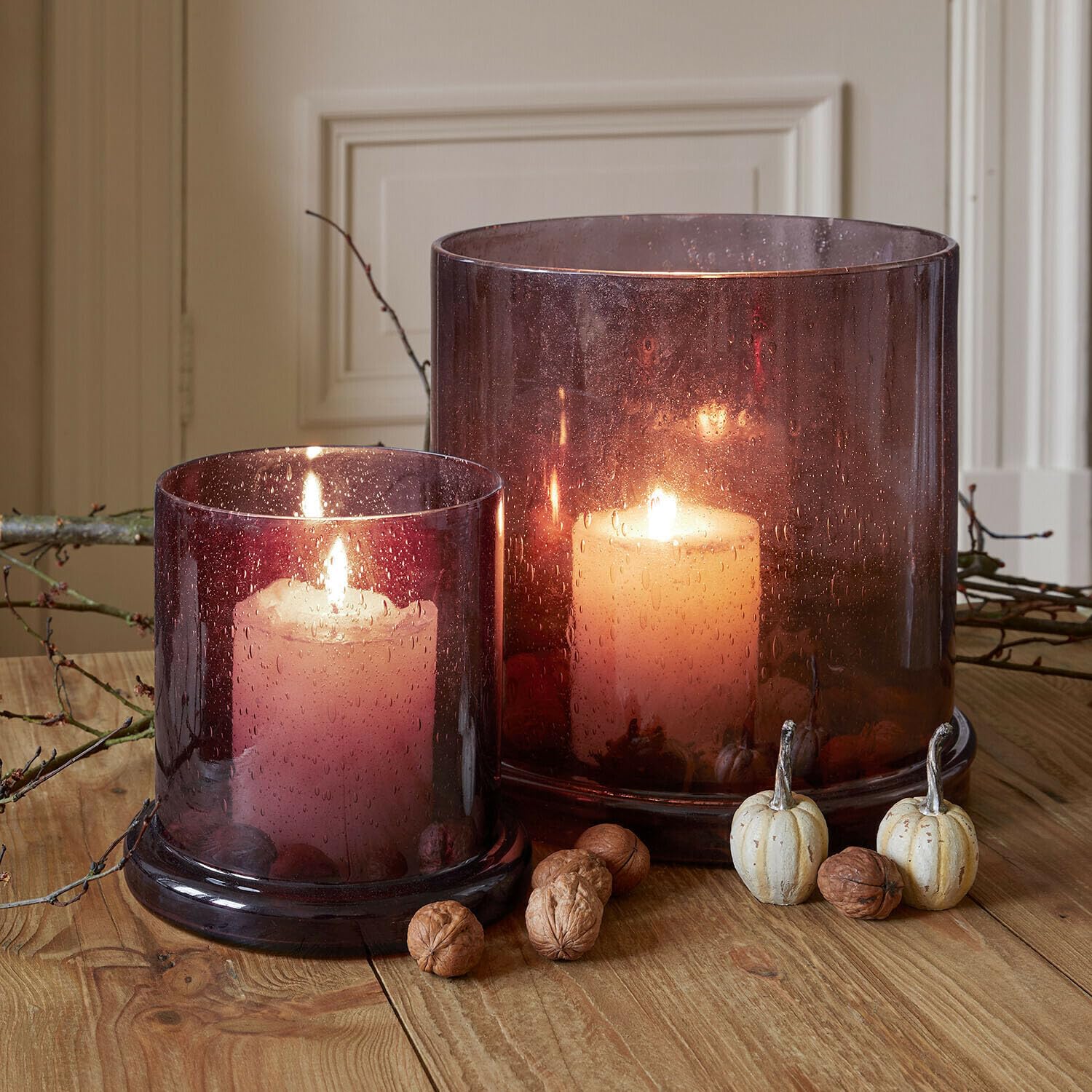 Loberon Windlicht 2er Set Saffrone, lila | Zwei Größen - Rauchiges Glas - Gemütliche Lichtstimmung - Eingeschlossene Bläschen