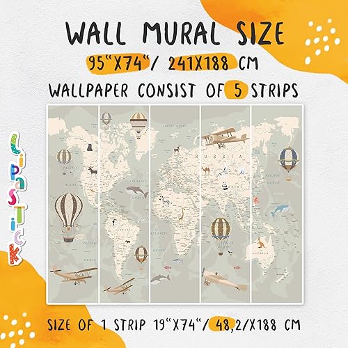 Vista 28 de Papel tapiz de mapa del mundo para niños con animales, calcomanías educativas para despegar y pegar, murales de guardería para bebés, niños