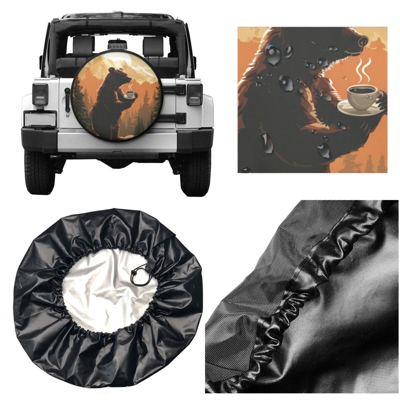 Sunset Bear Coffee Spare Tire Cover for Rv Trailer Camper- Waterproof Wheel Protectors Cute Wheel Cover Universal Fit for Truck SUV Travel Camping Outdoor-15 inch