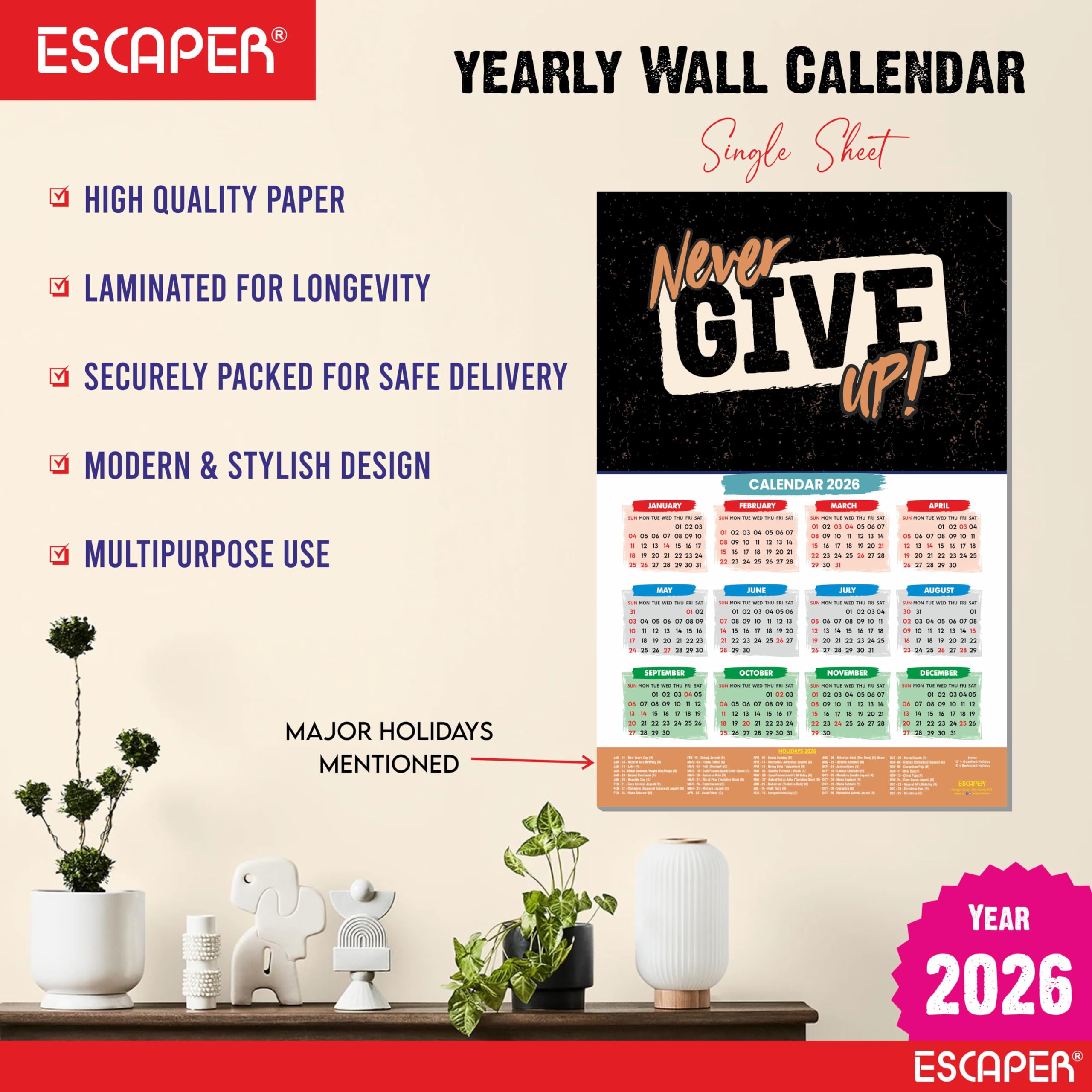 ESCAPER Calendario motivacional de pared de Año Nuevo 2026 - 45 x 30 cm, papel laminado de 300 g/m² con parte trasera autoadhesiva, calendario de citas inspiradoras para estudiantes, decoración del
