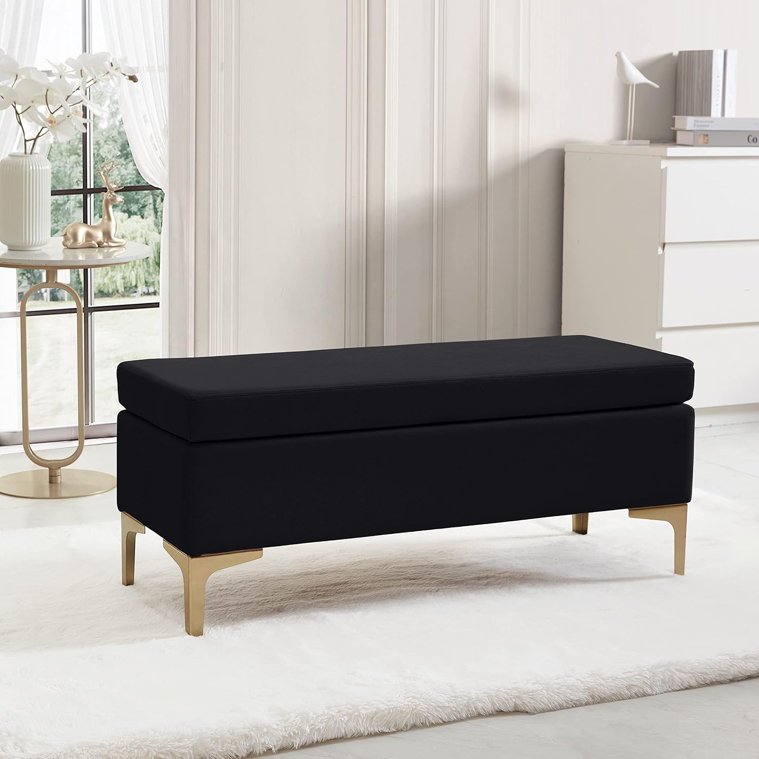 Ornavo Home Madison Modern Contemporary Upholstered Velvet Long Bench Ottoman with Gold Metal Legs - Black