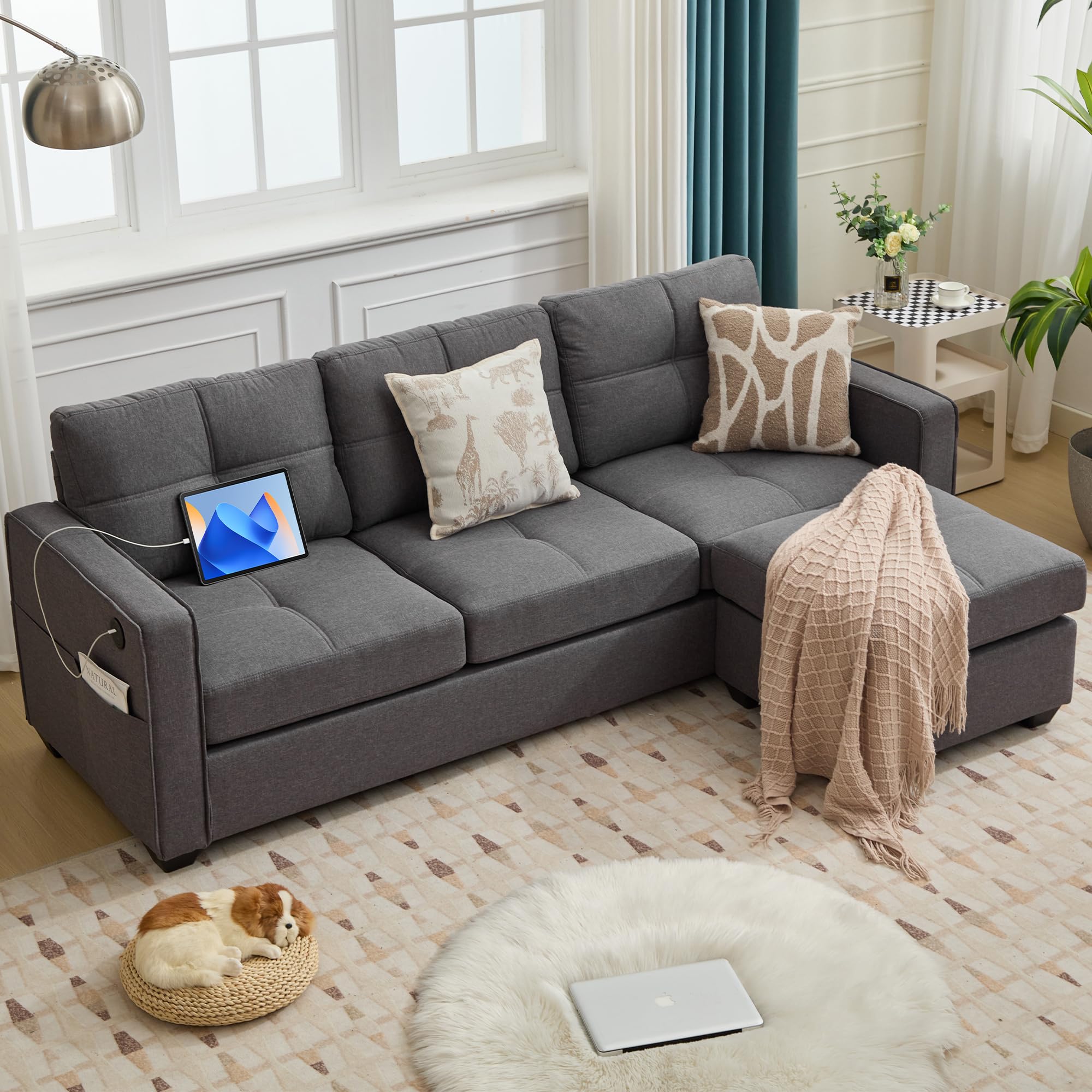 TYBOATLESofa Couch Sectional Couches for Living Room, Living Room Furniture Comfy Modular Convertible Sofas w/ 2 USB Charging Ports,Home Sofa Set with Chaise for Small Space (Dark Grey)