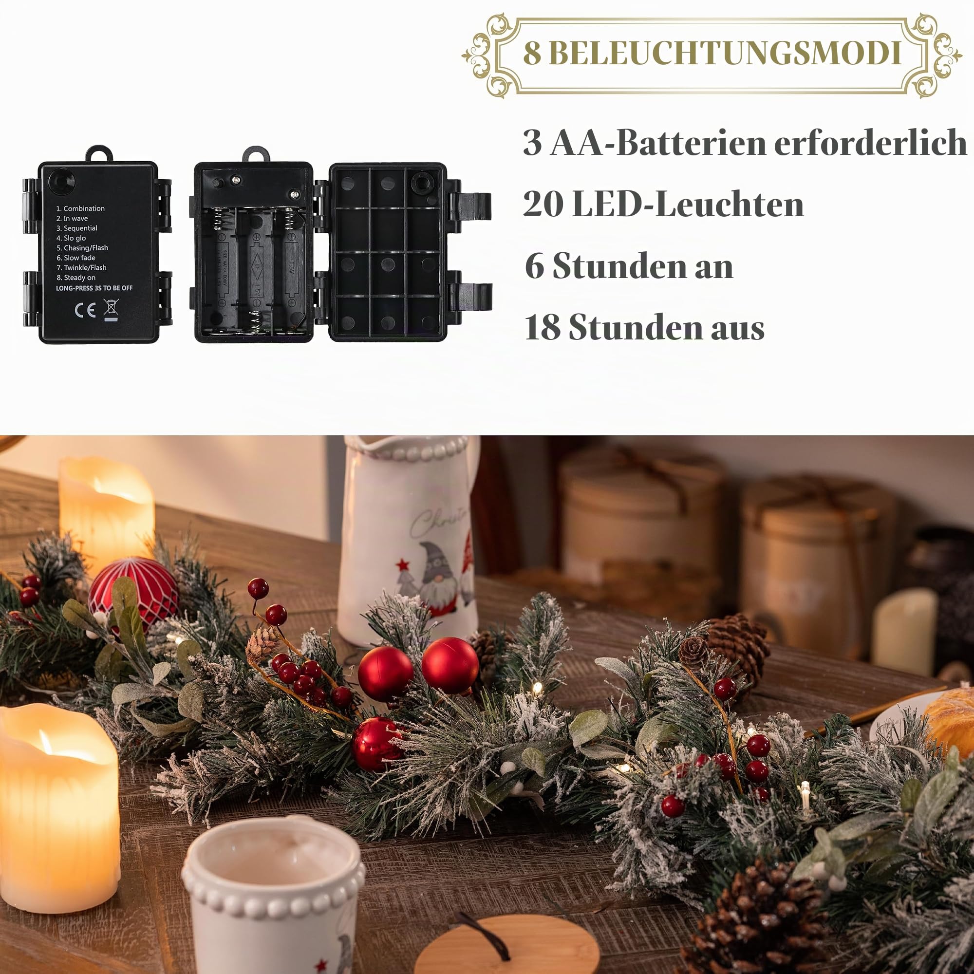 Valery Madelyn Weihnachtsgirlande 183cm mit 20 LED Beleuchtet batteriebetrieben Tannengirlande aus PVC mit Timerfunktion Weihnahctskugeln Girlande für Weihnachtsdeko Grün Rot