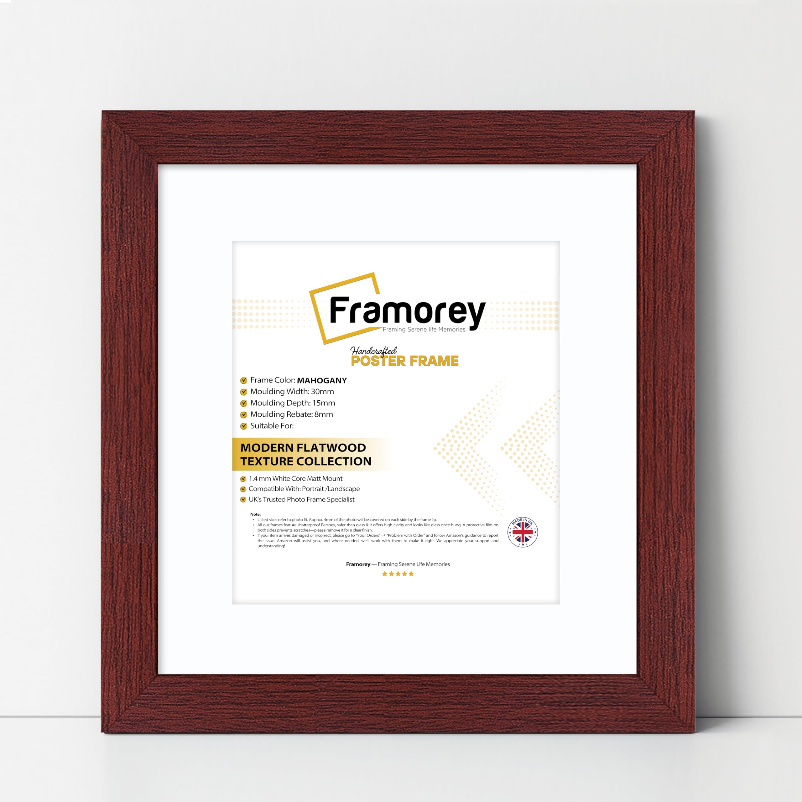 Framorey Framing Serene Life Memories Mahogany With White Mount Framorey Square Oxford Flat Wooden Effect Picture Frame, 6X6" Size Mahogany Photo Frame With 4X4" Size White Mount, Photo Print Frame, Best Photo Frames For Birthday Gift
