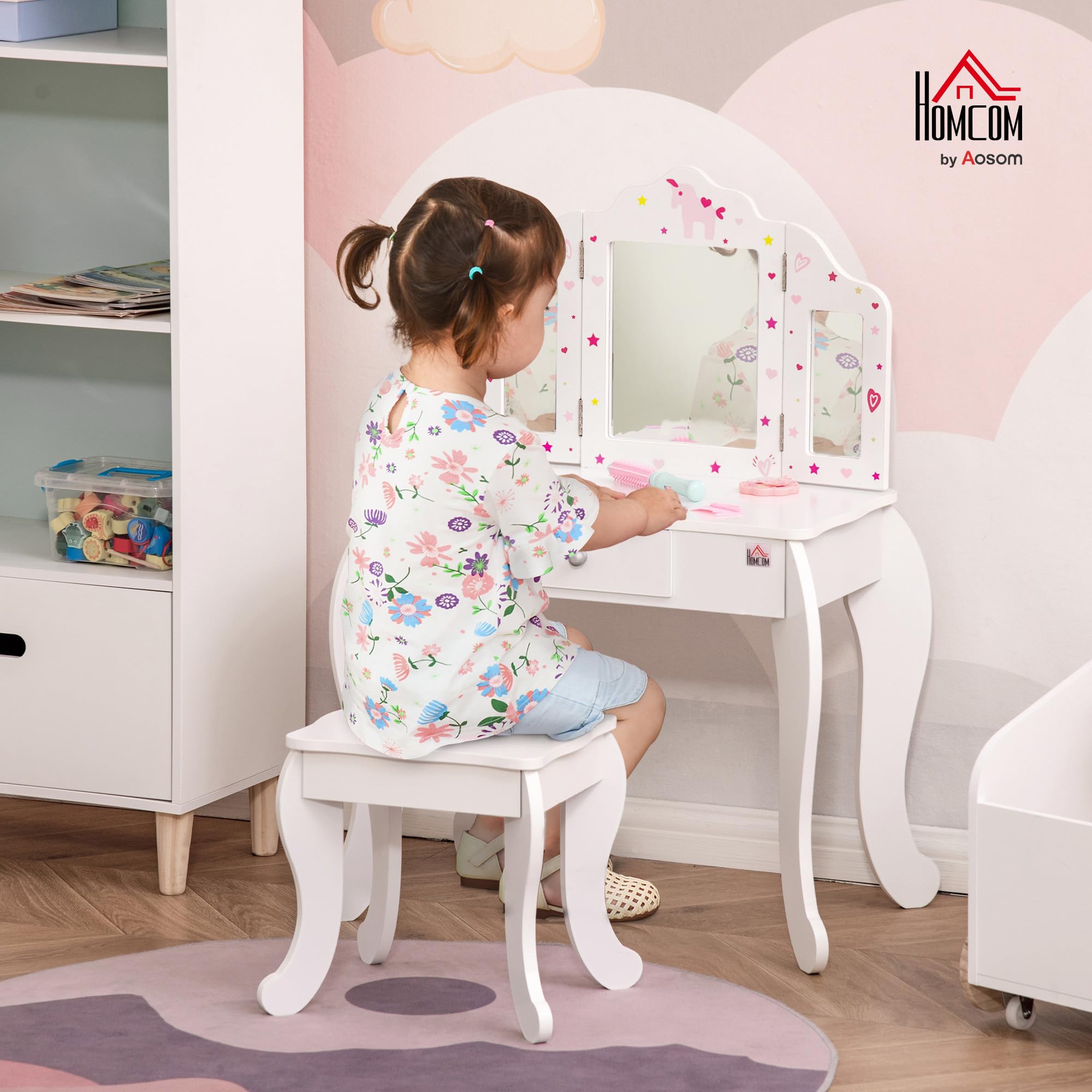 HOMCOM Tavolo da Trucco per Bambini con Sgabello 2 in 1 Scriniva in Legno e Triplo Specchio, Toeletta Trucco in MDF e Acrilico, 63x40x85.5 cm, Bianco e Rosa