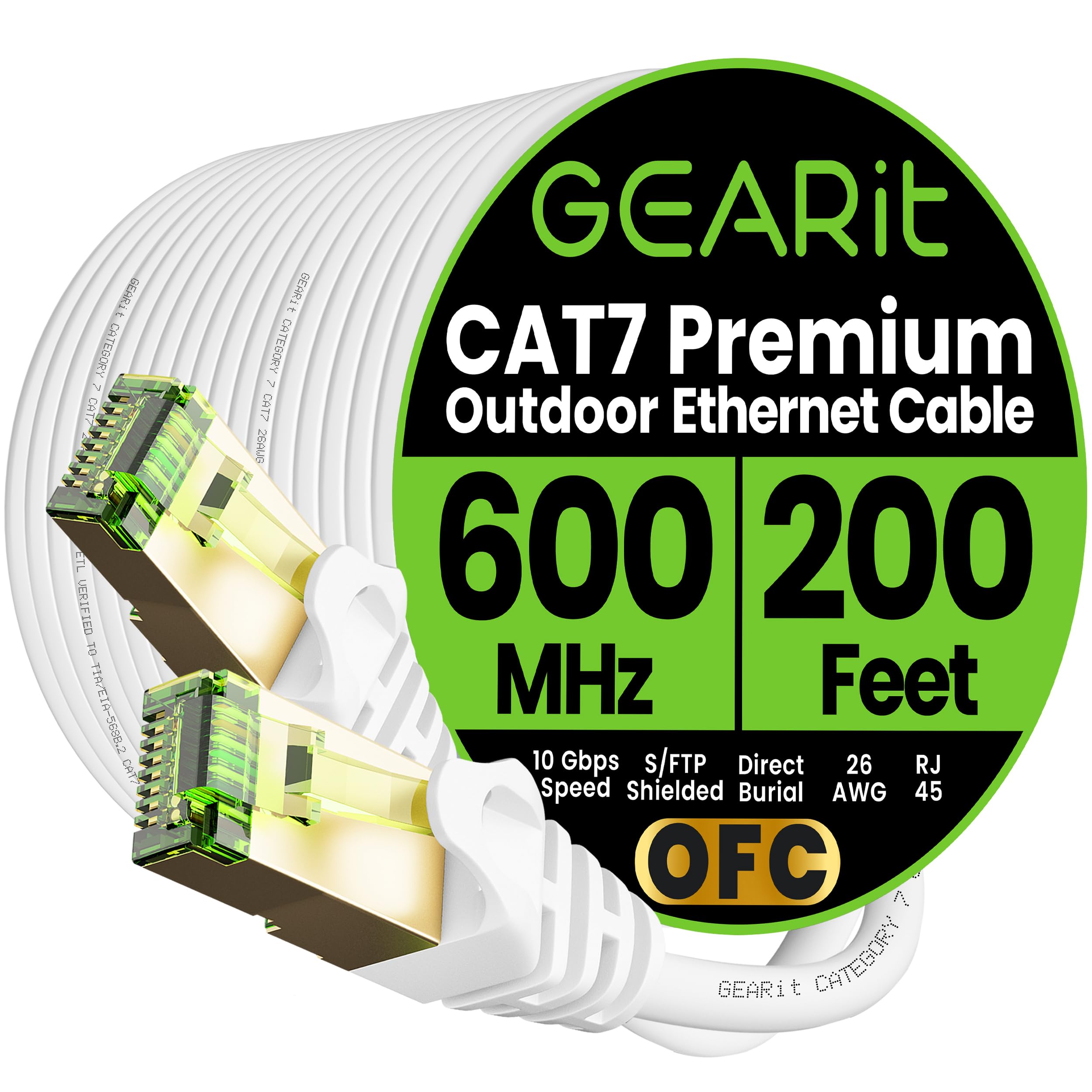 GEARit Cat7 Outdoor Ethernet Cable (200ft) SFTP Shielded Foil Twisted Pair, Pure Copper, LLDPE, Waterproof, Direct Burial, In-Ground, UV Resistant, POE, Network, LAN, Internet, Cat 7-200 Feet