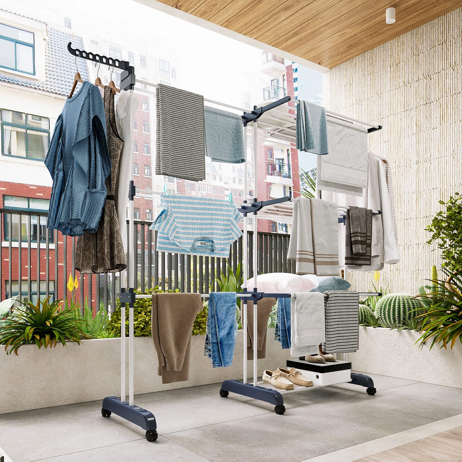3 Niveles Tendedero Torre Vertical 75-200cm Extensible Plegable Resistente Portatil Acero Inoxidable Clothes Drying Rack para Exterior Terraza Balcon (Azul Blanco)