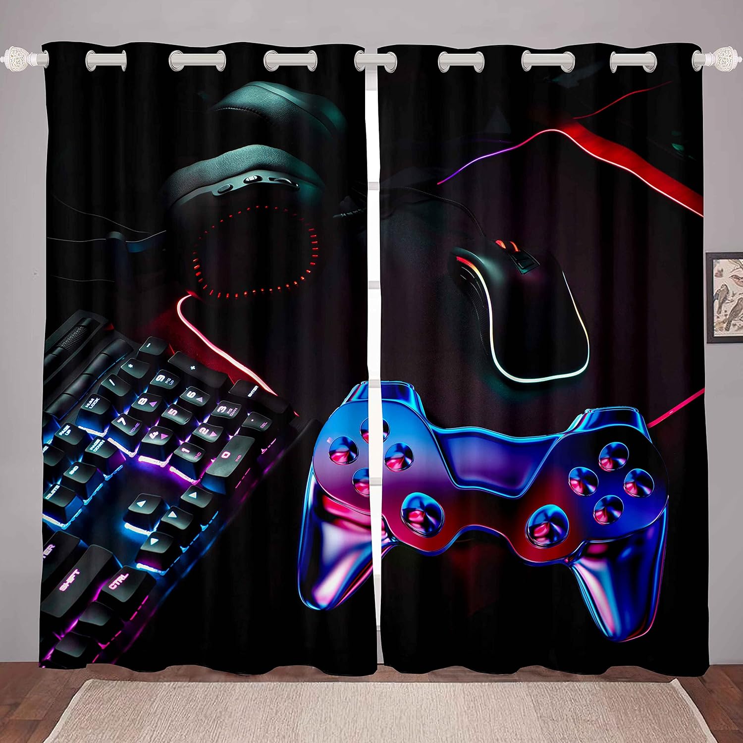 Gamer Curtains Gaming Window Curtains for Boys Bedroom, Kids Video Games Window Drapes for Children Girls Teens Gradient Action Buttons Window Treatments 3D Gamepad Room Decor (2 Panels, 42x