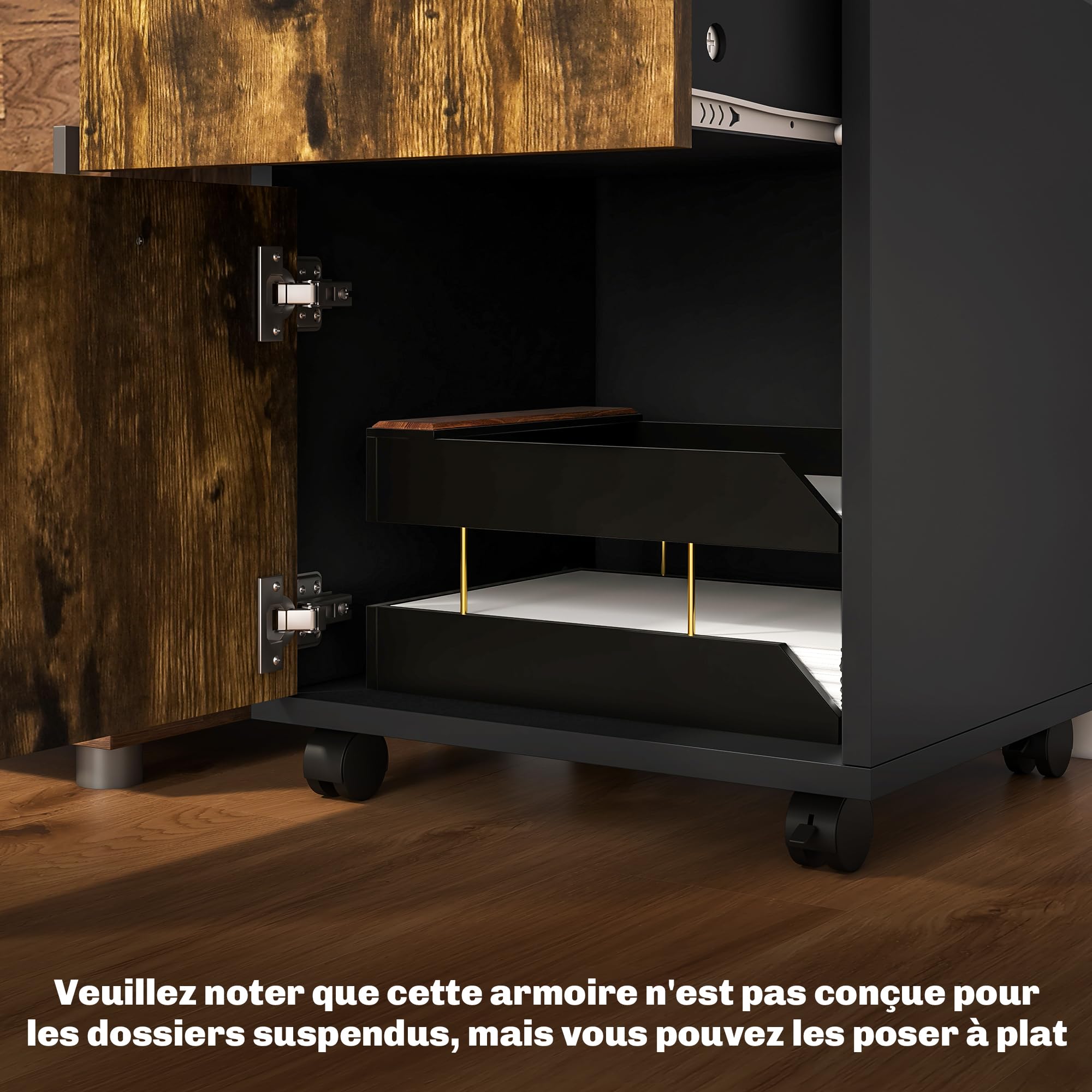 HOMCOM Caisson de bureau rangement bureau sur roulettes tiroir placard niche panneaux particules brun rustique