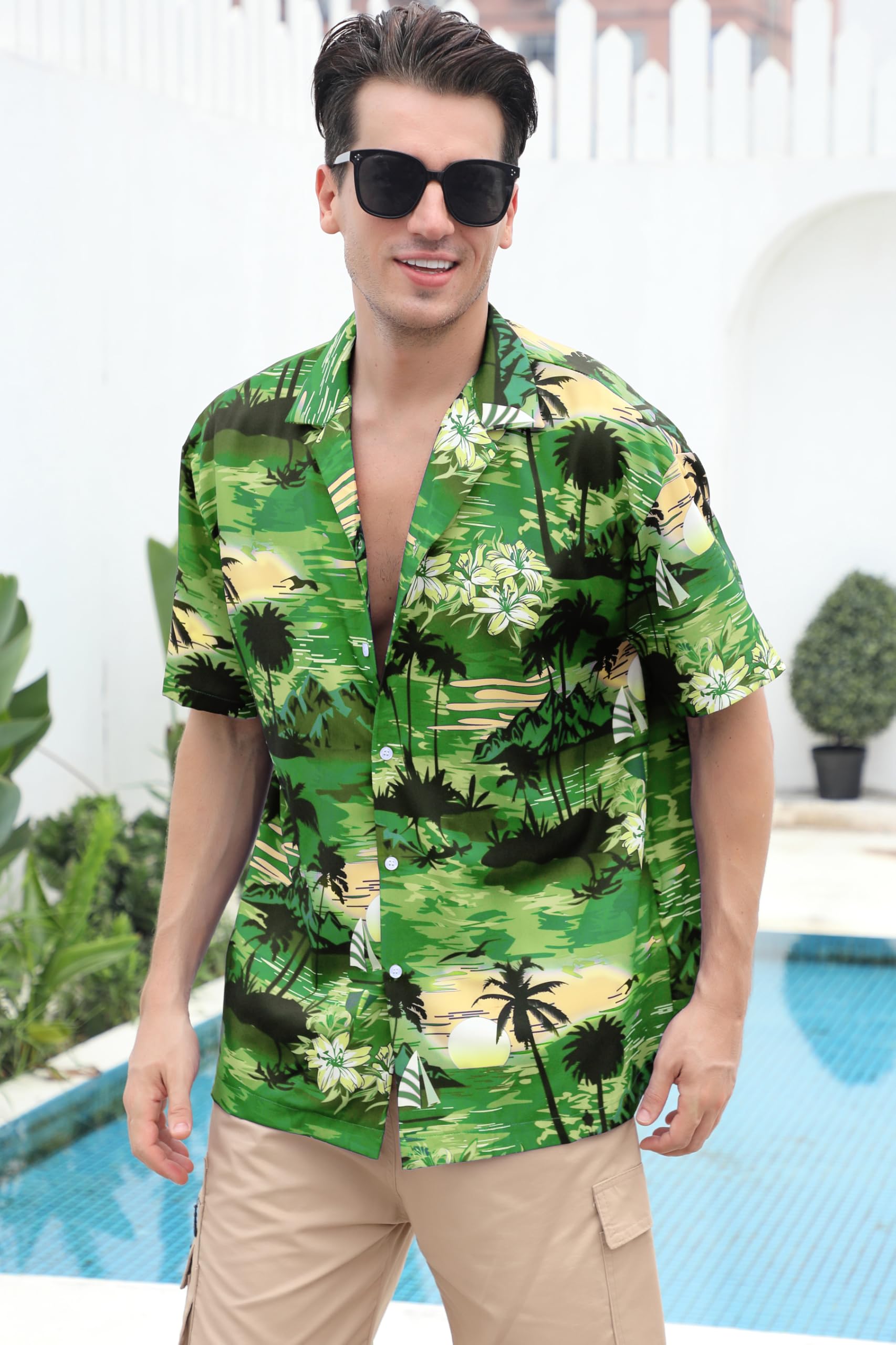 Cromoncent Camicia hawaiana per ragazzo e uomo, a maniche corte, colletto cubano, tropicale, estate, spiaggia, Verde hawaiano, 4XL