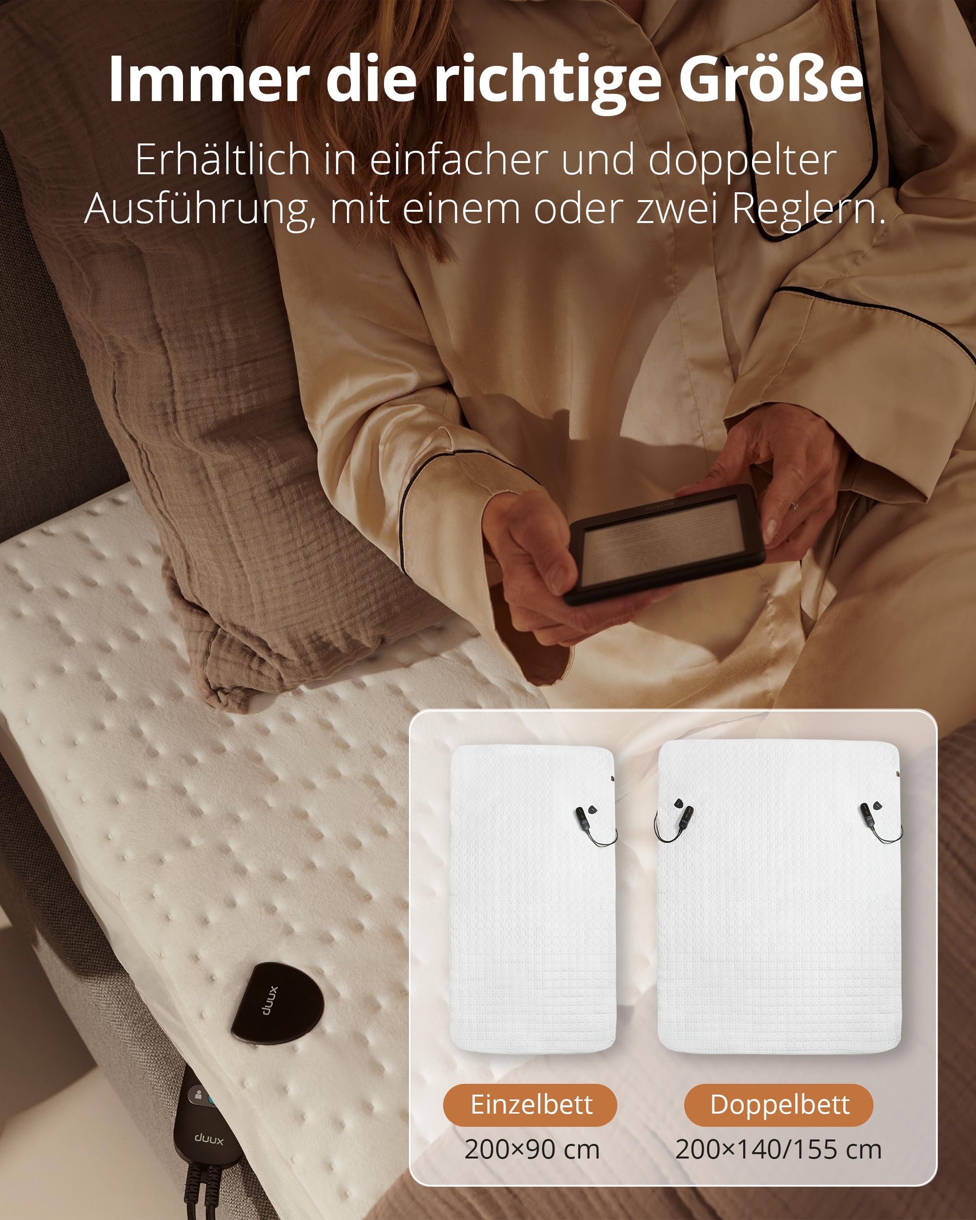 Duux Snooze Fleece Elektrische Unterdecke – Weiche Fleece-Deckschicht – 6 Heizstufen & Timer – 2 Zonen für Körper und Füße – Waschbar – 140x200 cm