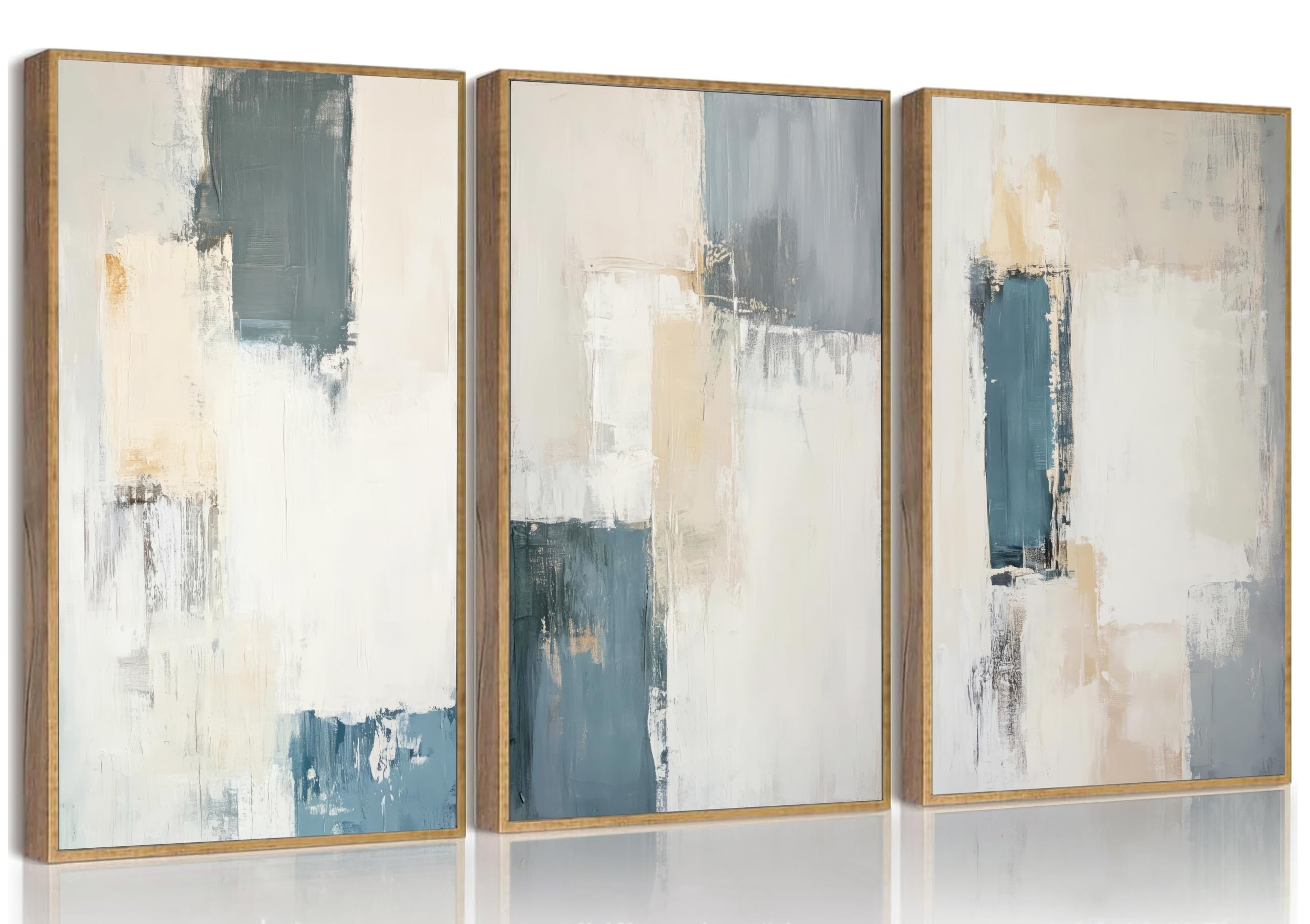 Wavkkey 3Pcs Navy Blue Abstract Wall Art Neutral Modern Minimalist Blue Grey and Beige Poster Painting Picture Wall Decor Canvas Print Artwork for Living Room Bedroom Home Decoration Unframed