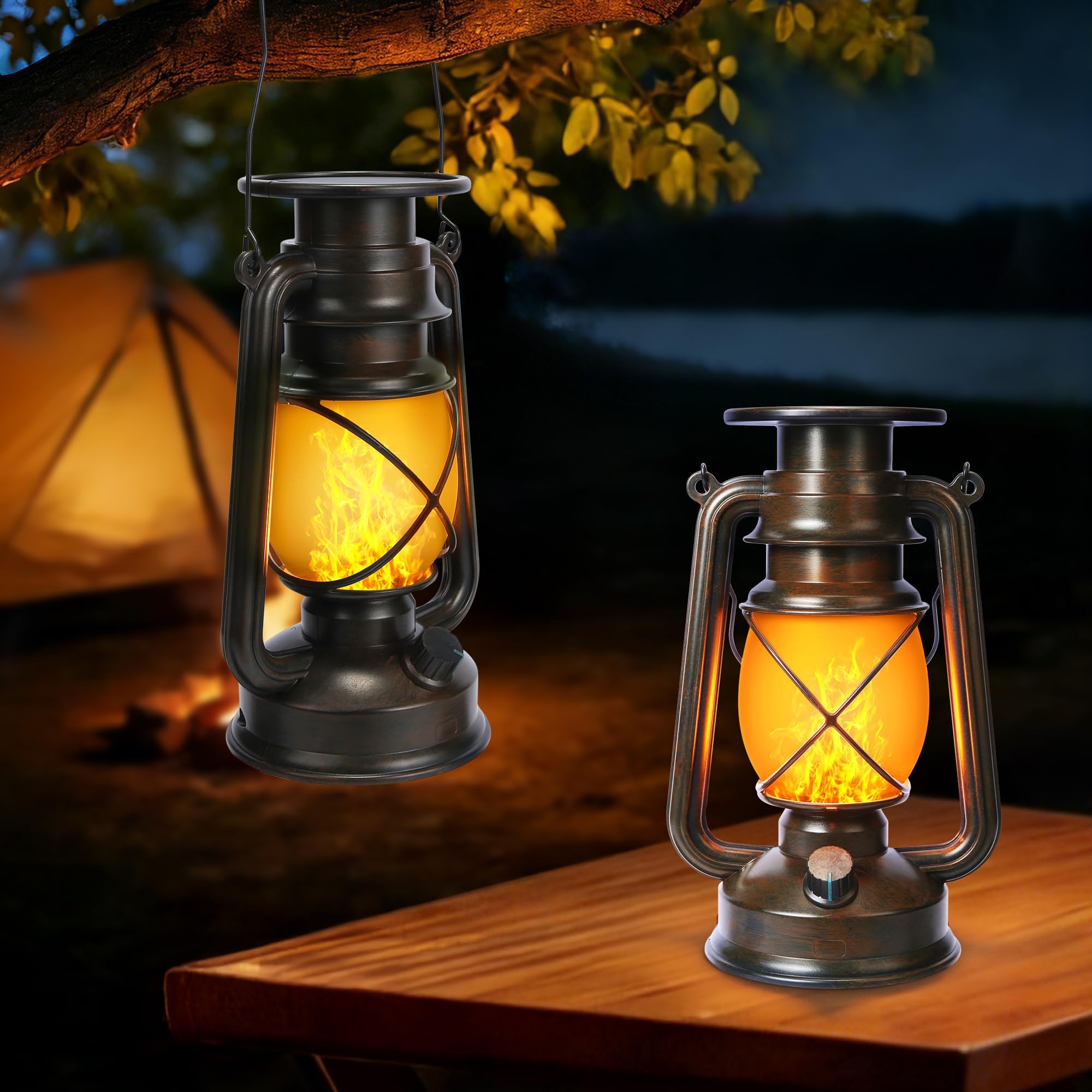 Toodour 2 Pack Hanging Vintage Lantern - Solar with Flickering Flame, 2 Modes Waterproof Hanging Lights for Outdoor Decor