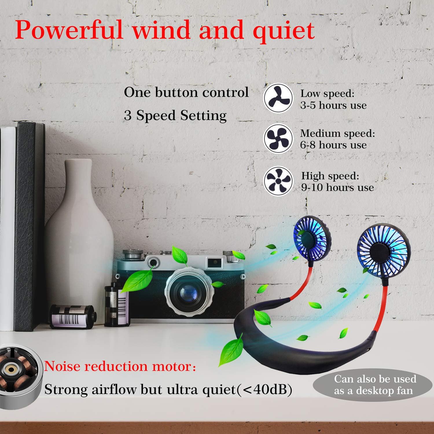 Hand Free Neck Fan, Rechargeable Mini USB Personal Fan, Headphone Design Wearable Neckband Fan with 360° Rotation, 3 Adjustable Speeds(Black+Red) : Everything Else