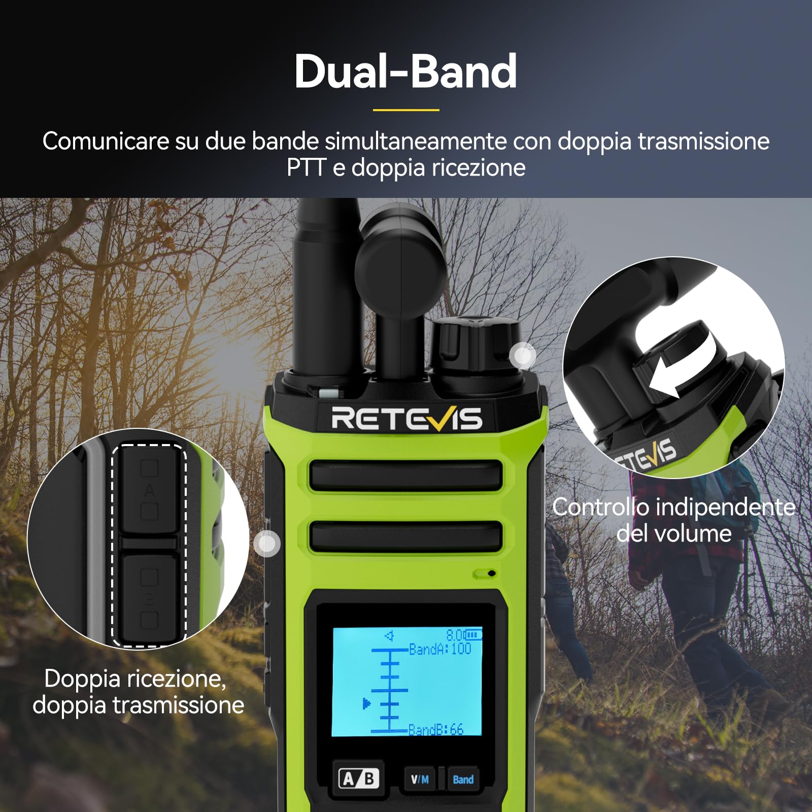 Retevis A3 Radio Bidirezionale, Radio Amatoriale Quad-Band, Modalità AM/SSB/FM/AIR, Doppio Canale, 2500mAh, Walkie Talkie con Potenza Regolabile per Caccia, Viaggiatore (1 Pezzo)