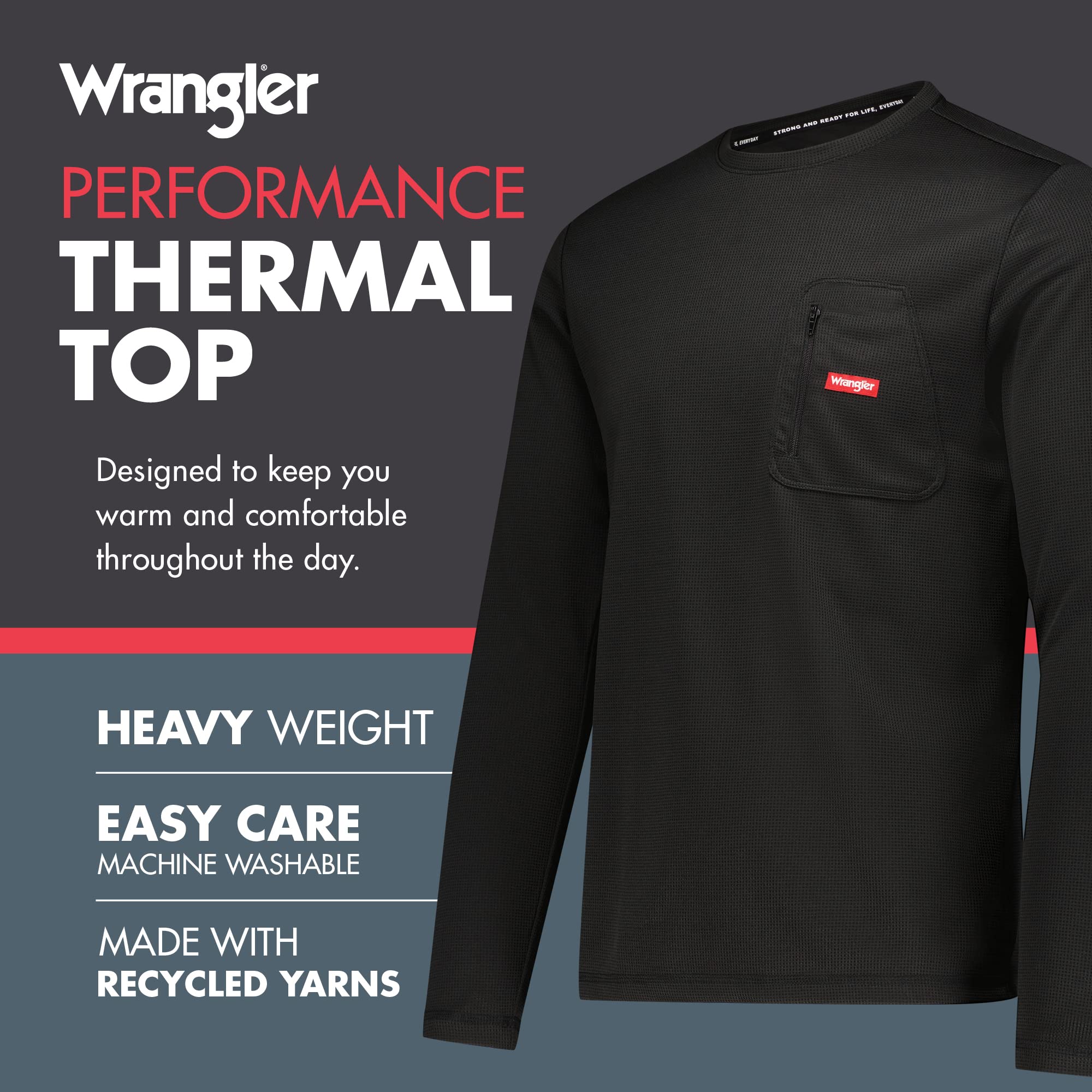 Wrangler - Mens Long Sleeve Thermal Shirt (Black - Large) - Cold Weather Base Layer Shirts - Thermal Underwear for Men