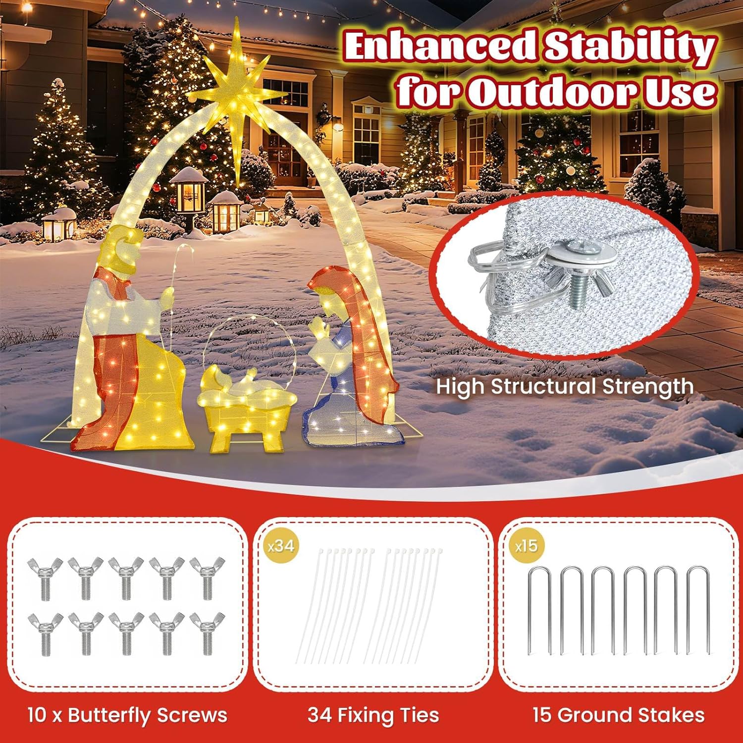 Costway 1.8m Lighted Nativity Scene, Pre-Lit Holy Family Yard Decoration with 240 Warm White LED Lights, Outdoor Nativity Set Holiday Display for Yard, Porch, Garden, Indoors