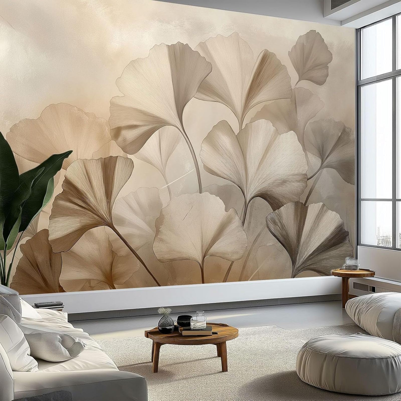 hgjdjhnf Art Photo Wallpaper Non-woven Wallpaper Abstract Ginkgo Leaf Wallpaper Wall Mural for Bedroom Living Room Beige 350cm x 256cm