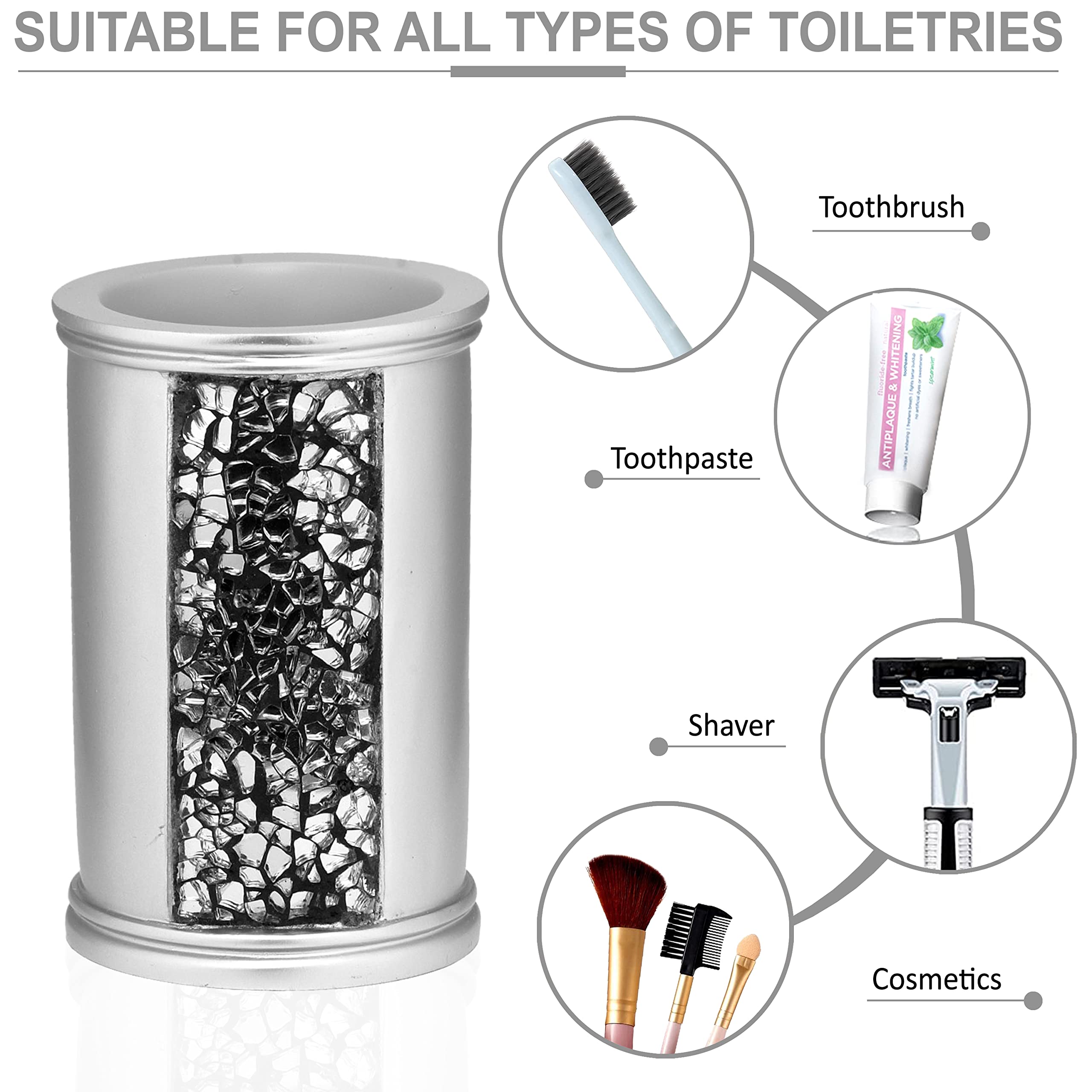 Zahari Home Sinatra - Juego de 4 Accesorios de baño Elegantes, dispensador de jabón líquido, Vaso, Soporte para Cepillo de Dientes y jabonera, decoración Moderna y clásica de Lujo, Mosaico Brillante,
