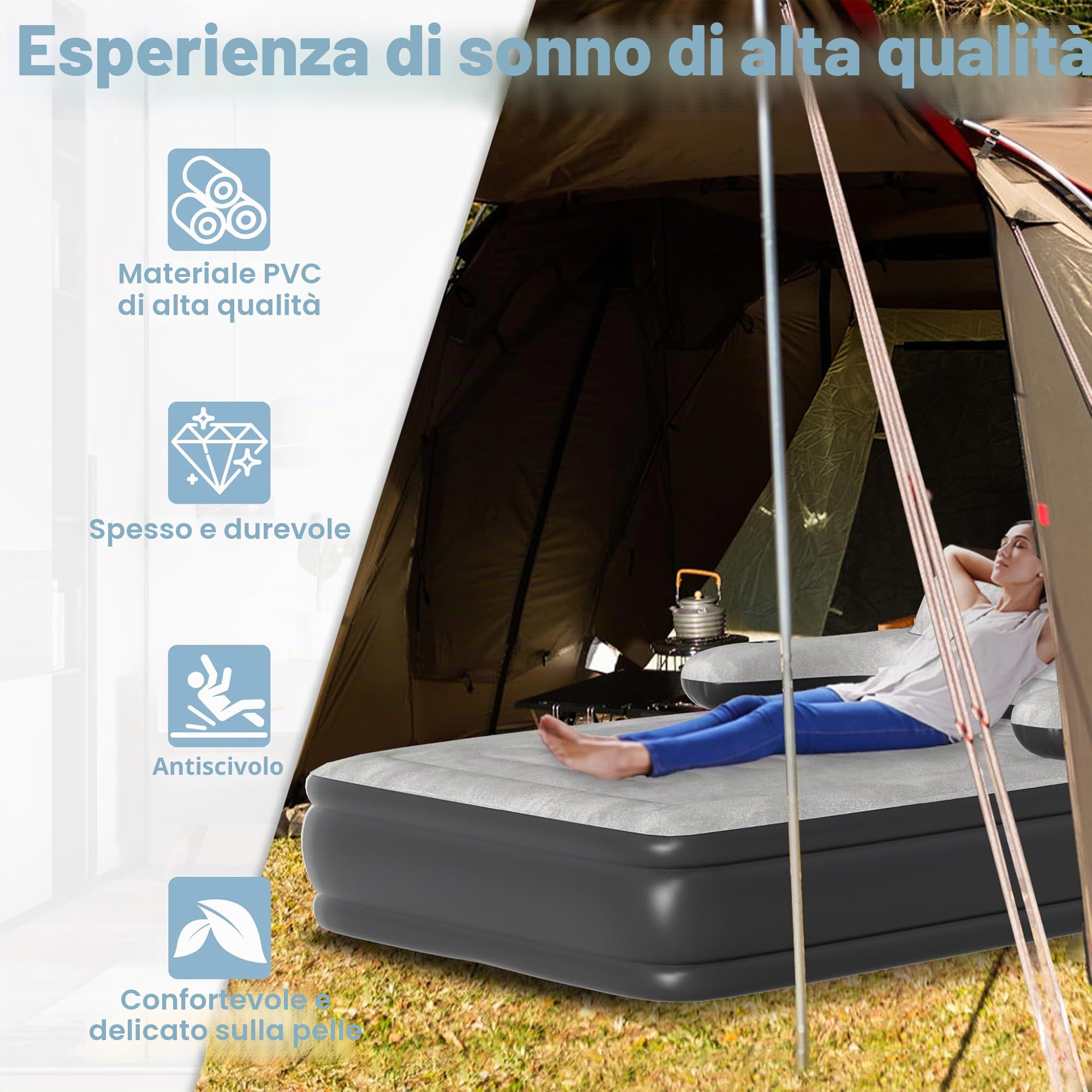 NAIZY Materasso ad aria 195×146×42 cm, letto ad aria per 2 persone, materasso gonfiabile con schienale, letto da campeggio incluso pompa ad aria, letto per gli ospiti, letto da viaggio, max fino a 250