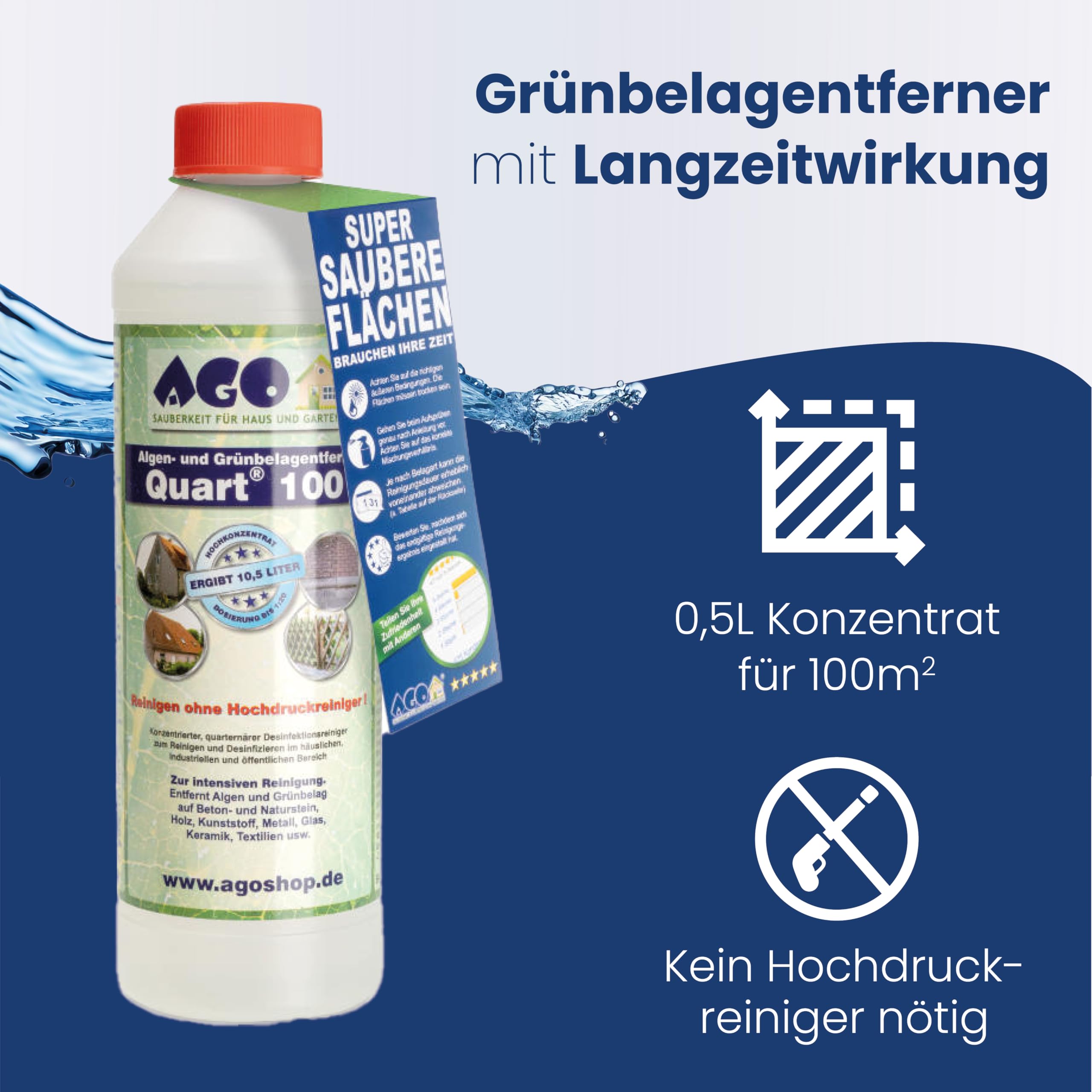 AGO Quart 100 Grünbelagentferner 500 ml - chlor- und säurefrei / 100 qm Algen und Grünbelag Entferner/Steinreiniger/Terrassenreiniger/Grünspan Entferner/Naturstein Reiniger