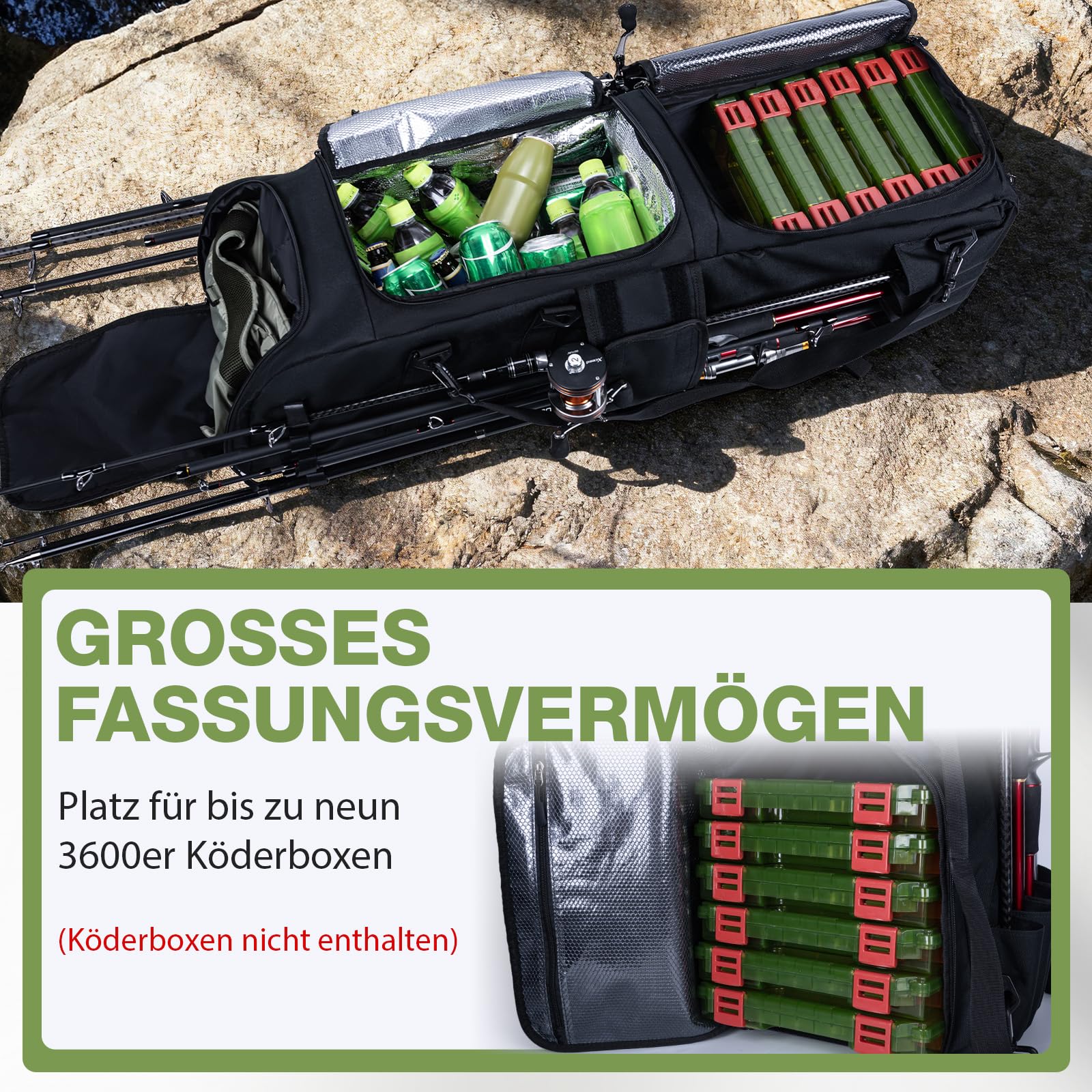 Goture Zaino da pesca con 6 esche da pesca, 116 litri, con due portanne e parapioggia, tessuto Oxford 600D, impermeabile, con scomparto regolabile
