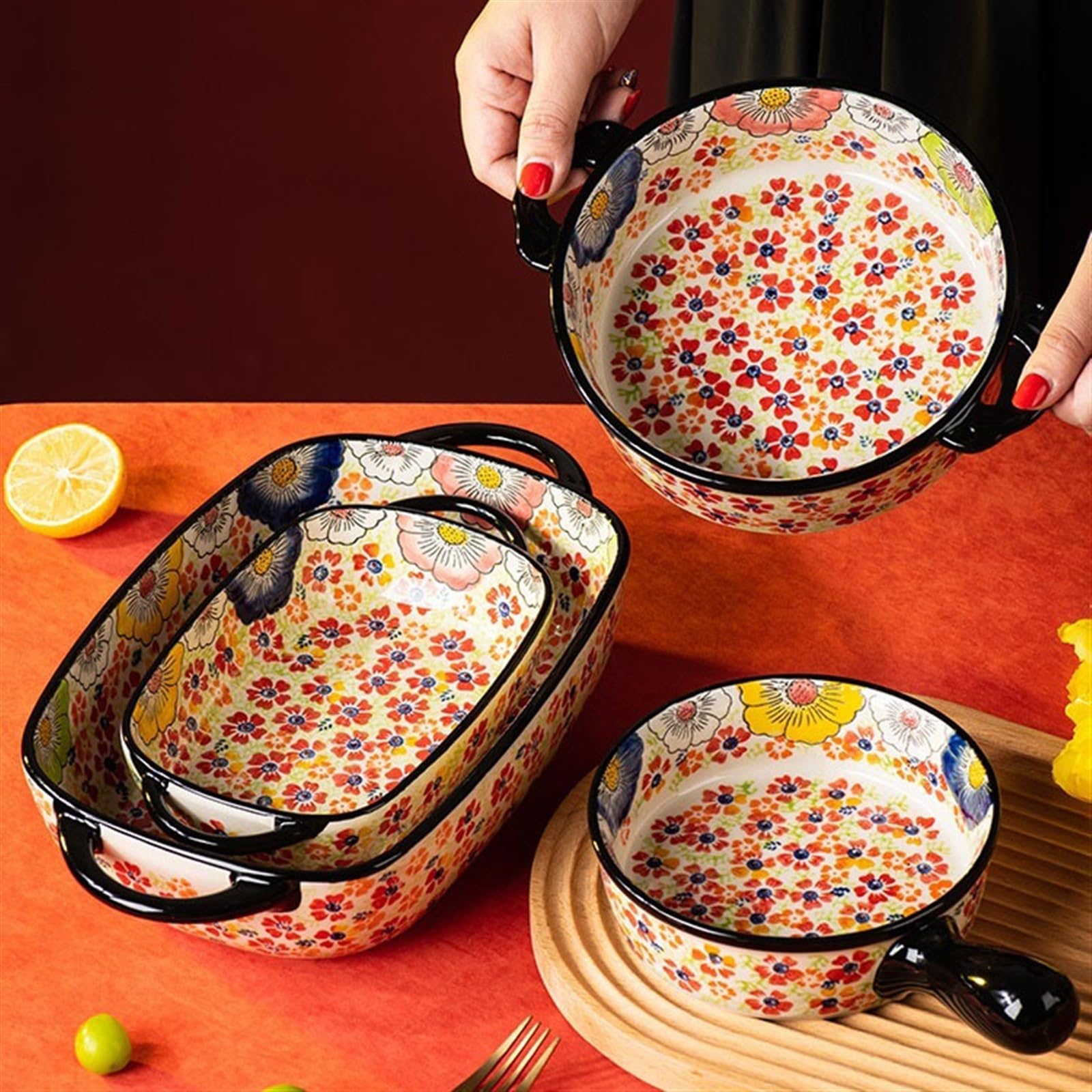Naczynie do pieczenia i serwowania duża pojemność, domowa ceramiczna zastawa stołowa, miska na makaron, miska na zupę, salaterka, retro, podwójne ucho, odporne na wysokie temperatury, naczynie do