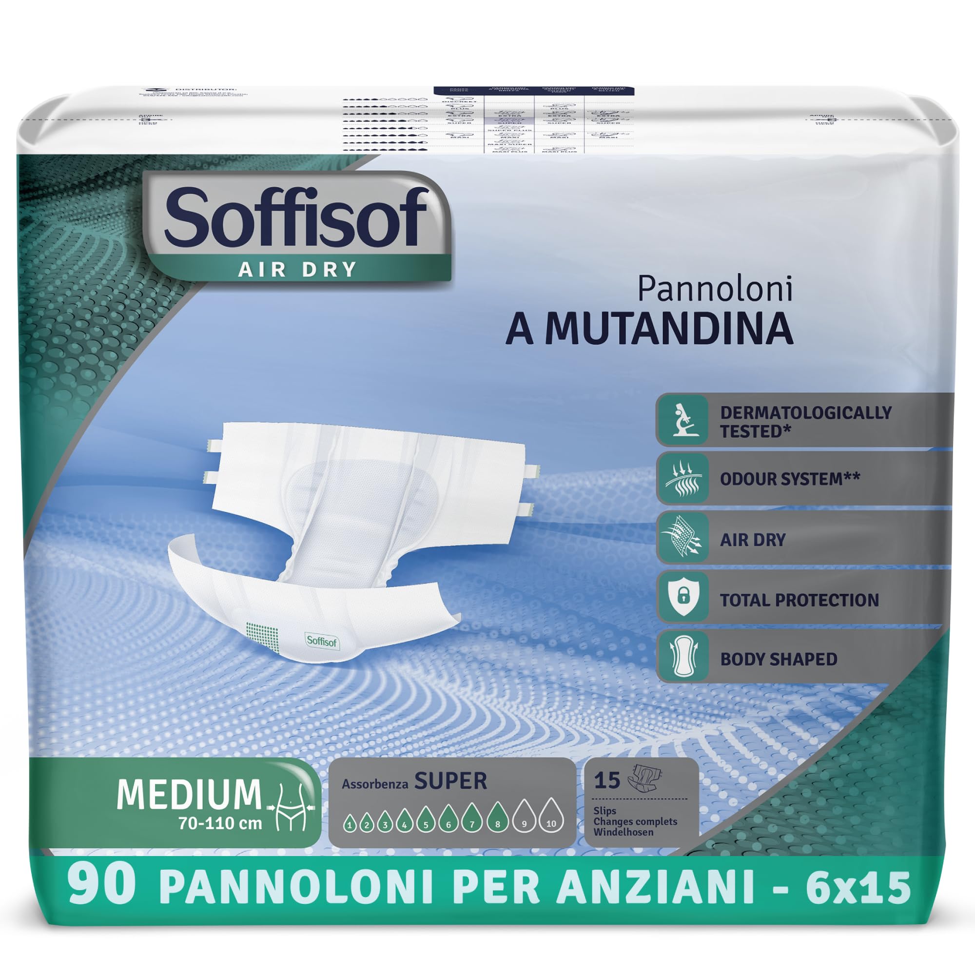 Soffisof Air Dry Pañales Adultos Super M - 90x Pañales Adultos - Alta Absorción Hasta 8 Gotas - 6 Paquetes de 15 Protecciones Incontinencia Hombre y Mujer
