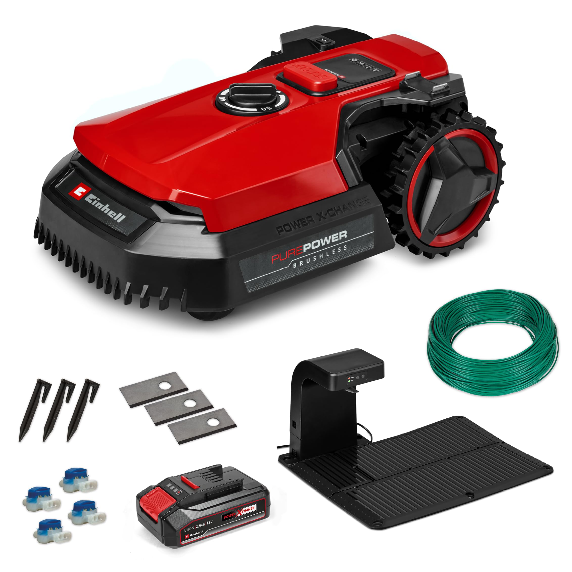 Tosaerba robotizzato Einhell FREELEXO 500 Power X-Change (18 V, controllo App, IPX5, aggiornamenti over-the-air via Wi-Fi, incl. set di installazione per 500 m² + 2,5 Ah Plus)