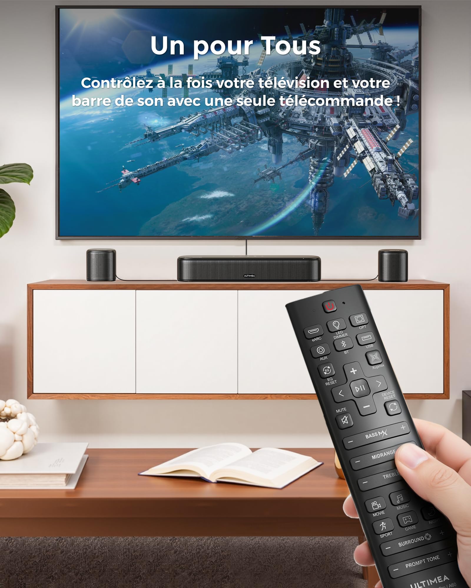 ULTIMEA 7.1 Canaux Barre de Son avec Dolby Atmos, Système de Son Surround avec 4 Haut-parleurs Surround, Barre de Son TV avec APP, Soundbar avec Caisson de Basses pour Home Cinéma, HDMI eARC, Aura A60