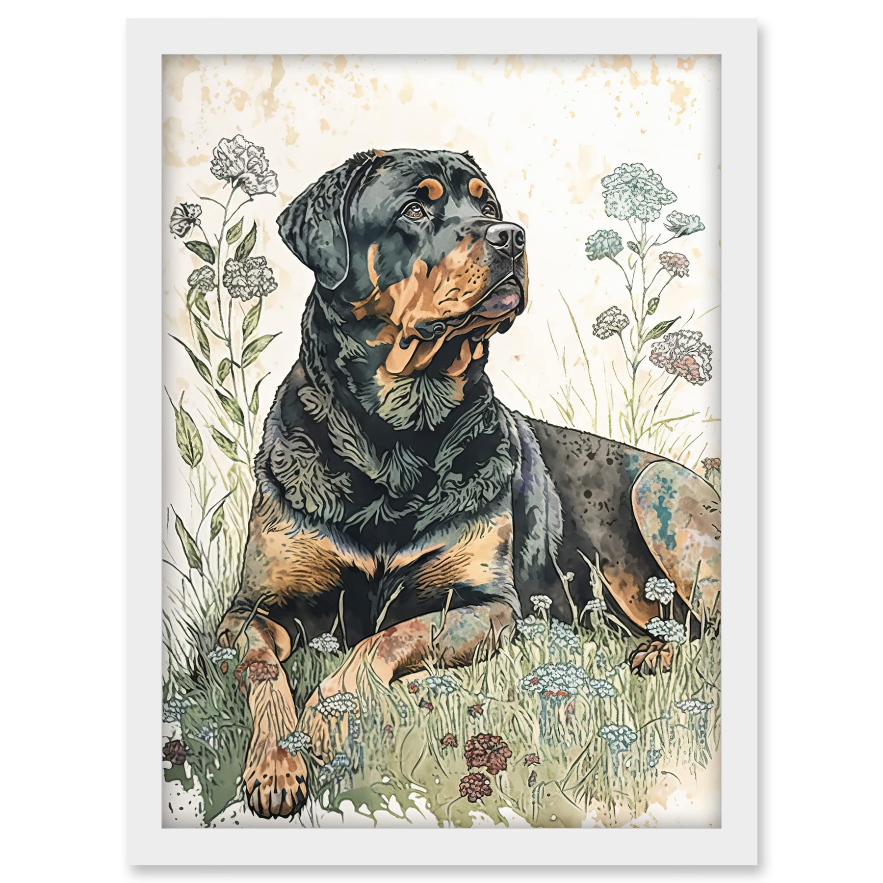 Artery8 Rottweiler Dog Lying in Wildflowers Bright Watercolour Illustration Artwork Framed A3 Wall Art Print
