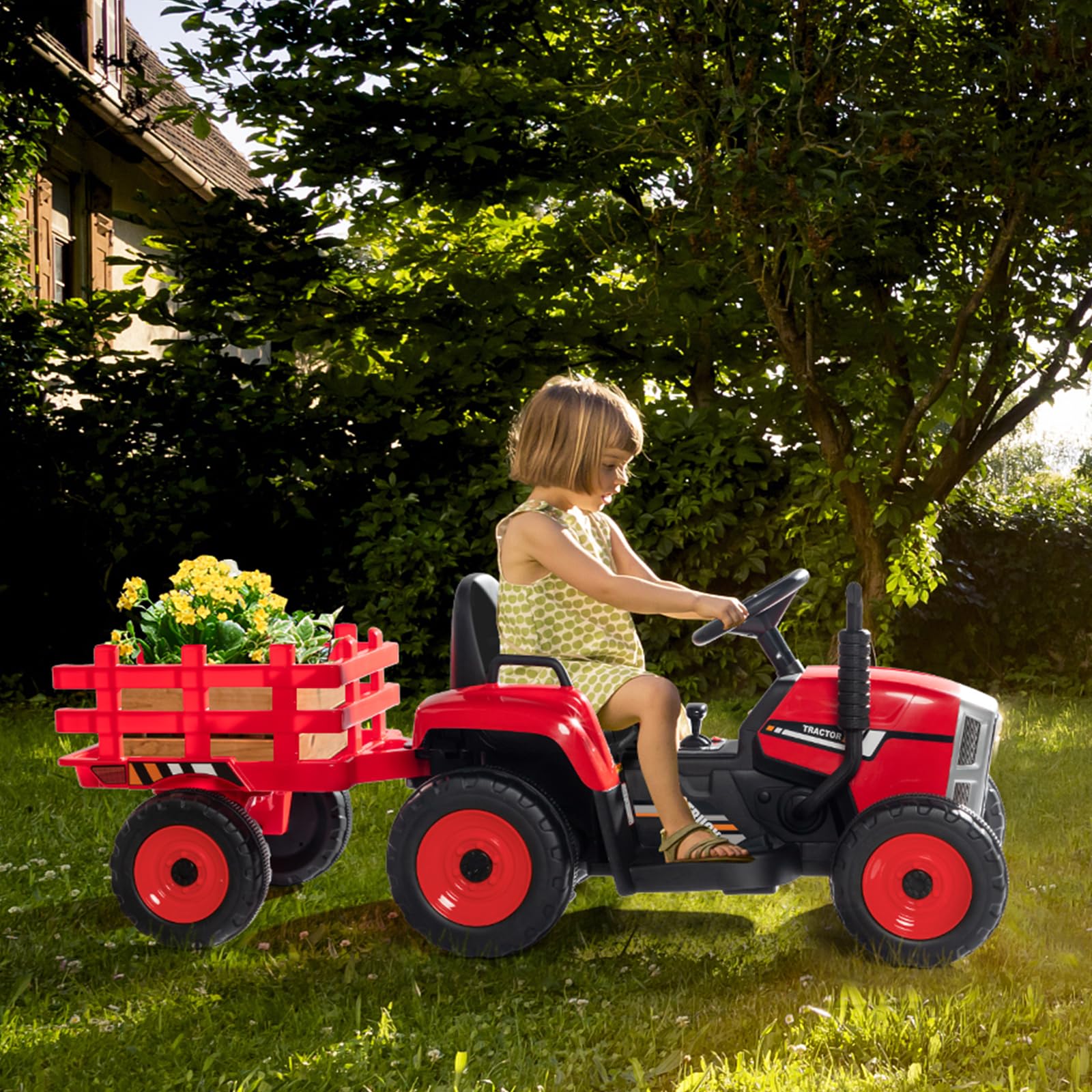 LALAHO Kinder Traktor mit abnehmbarem Anhänger LED Musik USB Hupe | Aufsitztraktor mit vielfältigen ofunktionen für Kleinkinder