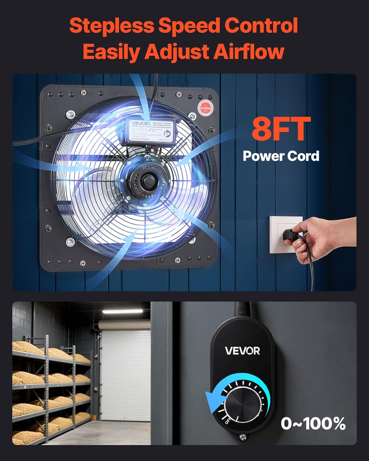 VEVOR 12 inch Shutter Exhaust Fan, Wall Mounted Attic Vent Fan with Variable Speed Controller, 1100 CFM, AC Motor, Heavy-duty Steel, Low Noise for Shed, Garage, Greenhouse Ventilation Cooling, Black