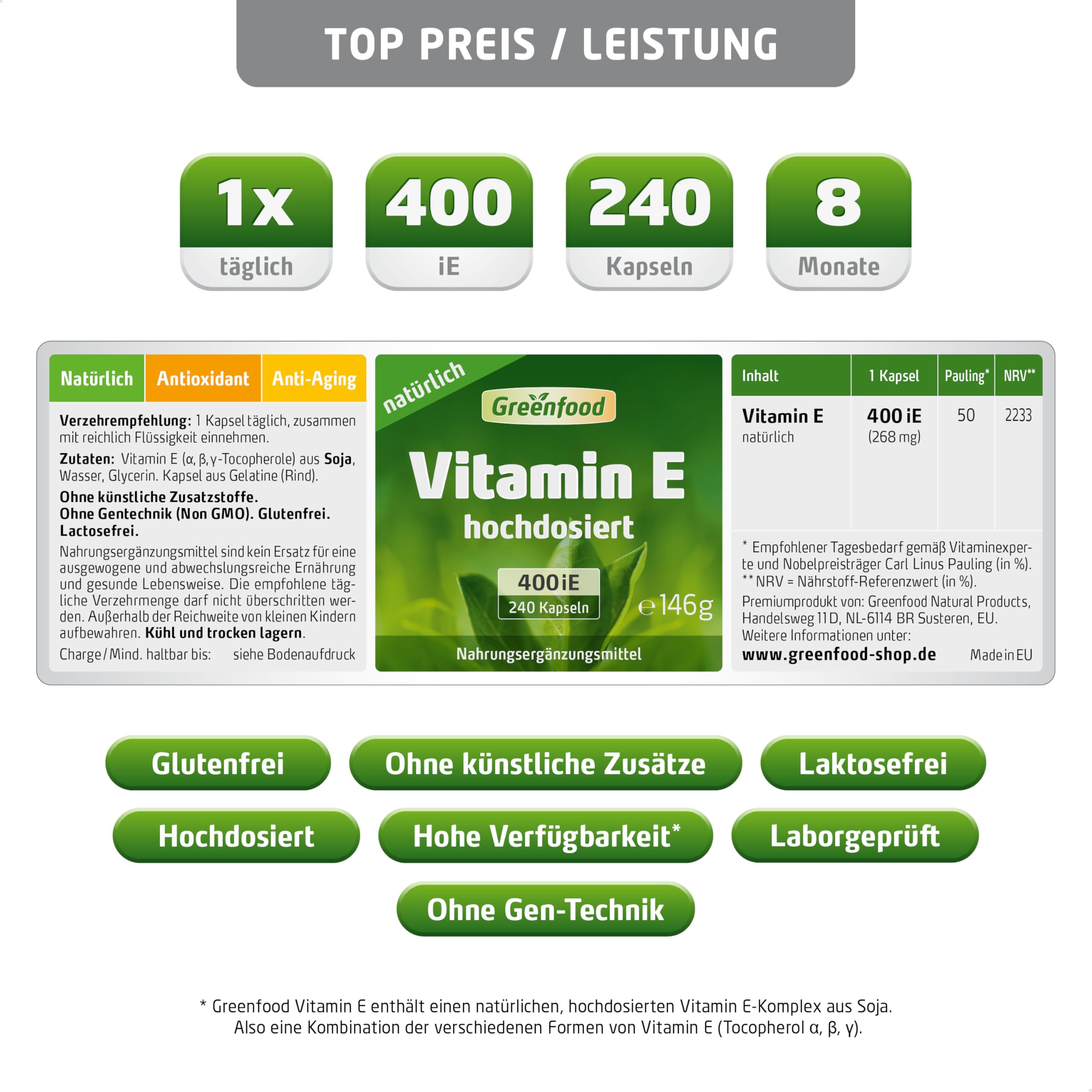 Vitamin E, hochdosiert, 400iE - 120 Kapseln (Softgel). 100% natürliches Vitamin E – schützt die Zellen vor oxidativem Stress (Antioxidant). OHNE künstliche Zusätze - laborgeprüft. Von Greenfood.
