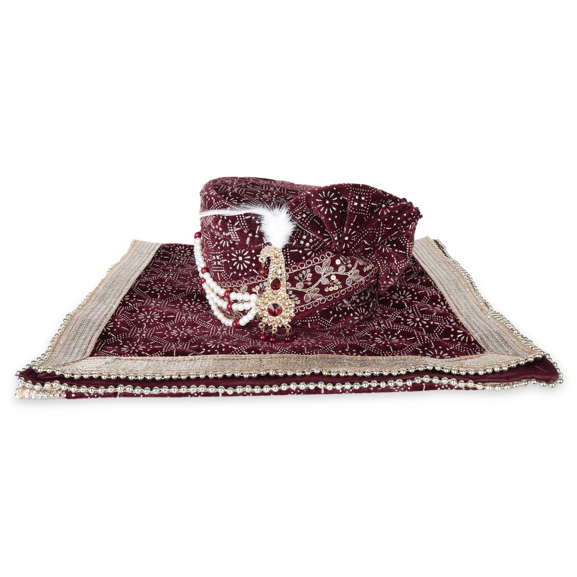 fashion weds Men Cotton Blend Printed Groom's Safa Shawl Stole Set, Turban with Stole, Groom Pagdi for Wedding (Maroon)-picture-14